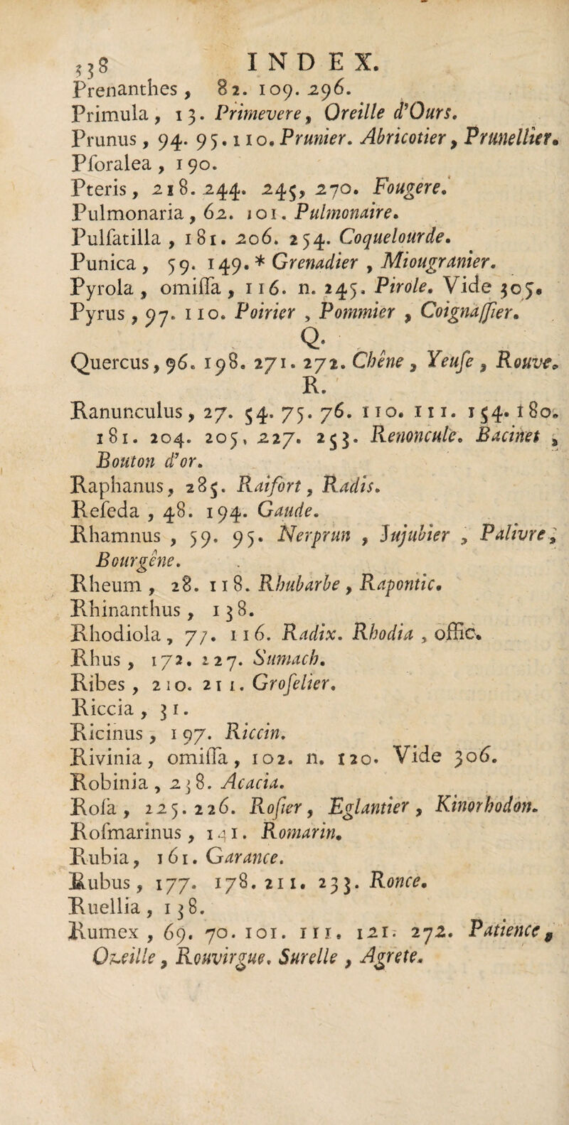 Frenanthes , 82. 109. 296. Primula , 13. Primevere, Oreille d’Ours. Prunus, 94. 95.110. Prunier. Abricotier , Prunellier» Pforalea, 190. Pteris, 218.244. -245,270. Fougere. Pulmonaria ,62. 101. Pulmonaire. Pulfatilla , 181. 206. 254. Coquelourde. Punica , 59. 149. * Grenadier , Miougranier. Pyrola , omiffà , 116. n. 245, Pirole. Vide 305* Pyrus , 07. 110. Poirier , Pommier , Coïgnaffier. Q- Quercus, 96. 198. 271. 272 .Chêne 9 Yeufe , Rouve* R. ; Ranunculus, 27. 54. 75. 76. 1 to. 111. 154.180« 181. 204. 205, 227. 253. Renoncule. Racines , Bouton d’or. Raphanus, 285, Raifort, Radis. Refeda , 48. 194. Gaude. Rhamnus , 59. 95. Nerprun , Jujubier , Palivre9 Bourgêne. Rheum , 28.118. Rhubarbe , Rapontic. Rhinanthus, 138. Rhodiola , 7/. 116. Radix. Rhodia , offio. Rhus , 172. 127. Sumac h. Ribes , 210. 2i i. Grofelier. Riccia ,31. Ricinus, 1 97. Riccin. Rivinia, omiffa, 102. 11. 120« Vide 306. Robinia , 238. Acacia. Kola, 225.226. Rofwr 9 Eglantier, Kinorhodon. Rofmarinus , 141. Romarin. Rubia, t 61. Garance. Rubus, 177. 178.211. 233. Ronce, Ruellia, 138. Rumex, 69. 70. 101. m, 121; 272. Patience B Quille, Rouvirgue. Surelle , Agrete.