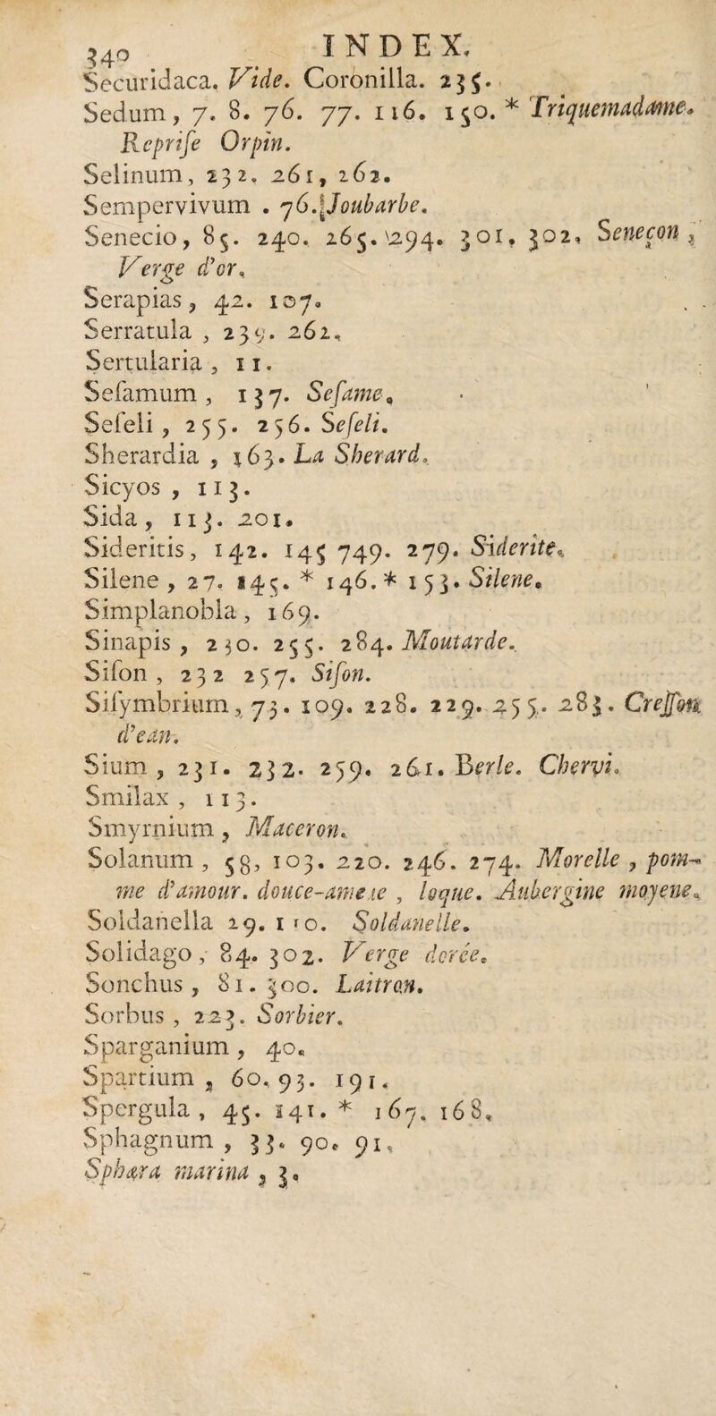 34o index, Securidaca.Vide. Coronilla. 23$. Sedum, 7, 8. 76. 77. 116. i$o. * Frujuemad^ne. Reprife Or pin. Selinum, 232. 261, 262. Sempervivum . y6.[Joubarbe. Senecio, 85. 240, 265.'294. 301, 302, Senecon , Verge d’cr. Serapias, 42. 107, Serratula , 239. 262, Sertularia , 11. Sefamum , 137. Sefame„ Sefeli , 255. 2<ÿ6.Se[eli. Sherardia , *63. La Sherard. Sicyos , 113. Sida , 113. 2oi, Sideritis, 142. 14$ 749. 279. Siderite* Silene, 27« *45.* 146.* 153.Silene. Simplanobla, 169. Sinapis, 230. 255. 284. Moutarde. Sifon , 232 257. Sifon. Silÿmbrium, 73. 109. 228« 229. 25 5. 283. Crelfm d’ean. Sium, 231. 232. 239, 2&1. Bét/*?. Cbervi. Smilax , 113. Smyrnium, Macer on. Solanum, 5g, 103. 220. 2.46. 274* Marelle > pom^ me d'amour, douce-ameie , loque. Aubergine moyensa Soldanella 29.1*0. §old anelle. Solidago, 84. 302. Verge dorée. Sonchus, 81.300. Laitran. Sorbus , 223. Sorbier. Sparganium, 40, Spartium , 60,93. 191, Spergula , 45.141.* 167. 16 8, Sphagnum , 33. 90. 91,