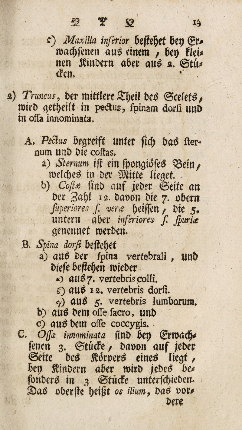 ff) Maxilla inferior befielet bep gr* wacbfenen aus einem f bet) fki* nen Äinbern aber aus *. ©tu* tfen. * . ä) Truncus, ber mittlere £f>ei( beS ©cefefS, toirt» geteilt in pecftus, fpinam dorfi unb in offa innominata. A, Peclus begreift unter fiep baS fter- num U«b bie coftas. ä) Sternum iß ein fpongibfeS SSeiu/ welches in ber Wiitte lieget. . b) Coßx futb auf jeber ©eite an ber 3«f)l 12. ba»on bie 7. ober« fuperiores f verte ^etffett / bie 5, untern aber inferiores f Jpuria genemtef werben. B. Spina dorfi befielet a) aaS ber tpina vertebrali, unb biefe beiteten roieber «) 011^7. vertebris colli. 6) au$ 12. vertebris dorfi. (y) auS 5. vertebris lumborura. b) aus bent offe facro, unb c) auS bem ofie coccygis. • C. Ö(fa imominata jittb bei) Srtttöcfj*1 fenen 3. ©tüefe r bauon auf jeber ©eite beS fbrperS eineS liegt , bet) ftinbern aber wirb jebeS bet fonberS in 3 ©tücfe unferfcbiebett. 55aS oberfie peijjt os ttium, bas uor#