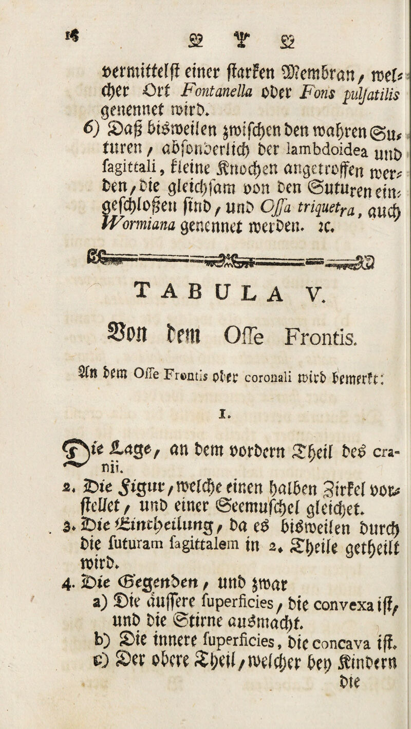 I« »erroiffeifi einer fiarfen SD?embran / wU d)er Ort Fontanella ober Fons puljatilis genennet rotrt). 6) S)afj bisweilen pifefjen ben wahren@u, fttren / abfonberiid) ber iambdoidea Unt> fagittali, fieine Änod&en angetrefen tcen Isen/ Cie gleid)fam »on ben ©nturen ein; gefd)lü^en ftnb, unb CJfa triquetra, auth IViormiana genennet werben. :c. g&Tm tabula V. Soit OlTe Frontis. 5tß fcetK OiTe Frcntis oi'Ef coronali ffiltfrfr. I. £Ve £age, an bern »orbern 2f>ei( bed m- nii. ü. £>te 5tgut,roe(d)e einen falben StrPei wu ßcüct / unb einer ©eemufd)ci gleidjet. . 3.2>ie i£wtl;etlimg, ba ed bisweilen burd) bie futuram fagittalein in 2» Steile gethetll wirb. 4. iDte (Begettbett, unb jroar a) £>ie duffere fuperficies, bie convexa ifL unb bie ©time audmad)f. b) S)ie innere fuperficies, bie concava iff. tO ©et obere £i;eü/welker bei; ßinbern bie
