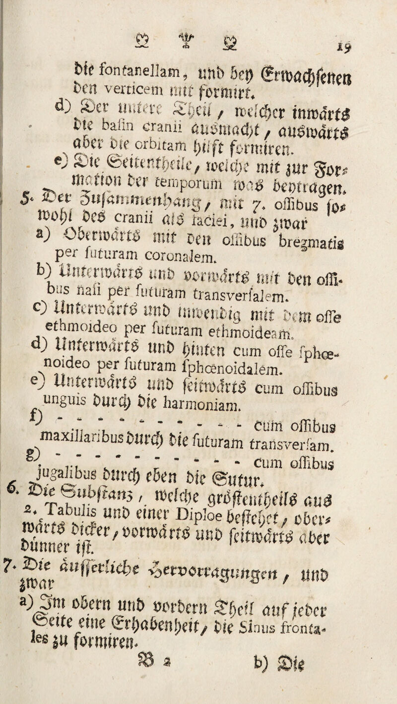 ö T ö t»ie fontaneJIam, tihö 5ct) (ÜWäCbfetteB 5)en verticem mtf formtet. d)^£t untere Sfycu / mietet intvärt# Ote balm cranii aü'Stüatyt, <ut$t»«rt$ . ?&ei b5 crbitam bilft formtreu. e- «wc fceitentfceiie, mldje mit w gor* manou ber temporum mag beotretgett. 5. itet oujammmbang, mit 7. offibusV 100<;t 0C6 cranii ai3 iatiei, «HD in>«r *) °benoar«s mit bert offibus brezmatig per futuram coronalexm b) Unuvmävt$ unh wmävti,mit fcert offi* biiS Hali per futuram transverfaierru c) llntcmärte mib inbenbig mit tm oßh etamoideo per futuram ethmoideam. d) UnferwdrtS unb hinten cum offe fphee- noideo per futuram lpbcenoidalem. e> Untenoarftf unb fcürodttd cum offibus unguis tmt'ö) bte harmoniam. maxiJianbus vuvd) t-te futuram fransveriam.  r) \ * * * ’ ' • * cum offibus 6 d 3ib'f ?uvd) cben bk @«fstr. ffictcbe mflautjatt m'° mel' DlP,oe 6cffcl>ct/ ober# MmevVtifeV/mmm mt> kim^ äber 7'm% ‘u,fiCr'tc''5 , ttnb a) 3m obera unb »orbern ££etf auf teber ©etfe eine (Erhöben !)etf/ bte Sinus fron ca- les m formtre«. 18 a b) m