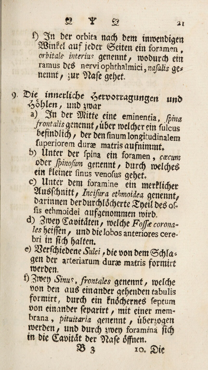 fi T g 0 Jn orbiea nöd^ bettt tnwenbigen 9®mW auf jeber ©eiten ein fonmen, orbitale- interm ernennt/ weburd) ein ramus beö nervi ophthalmici, mfalis qet nennt/ jur ^nfe gehet. 9. fok innetlicfye ijetwortacjinttrert uttb Kopien, unb$war 3l ber Mtte eine eminentia» ßina jjontaiis genennt / über welcf>erein fulcus beftnbftch / *>er ben fmum longitudinalem fupenorem dura? matris aufnimmf, &) Unter ber fpina ein feramen, ccecum oper fpinoßm genennt / barclj welche«? ein Heiner finus venofus gehet? Corll!rf •t)en,/oramine ein nterflicher Stuffchnttt/ Incifura ethmoidea genennt* bartnnen ber btm&lfcfcerte £t)eil beö of- ns ethmoidei anfgenomtnen wirb. o wep 'lartfaten / welche Foff<e corom- [es vptffen / unb bte lobos anteriores cere¬ bn tn ftth haften. e) Serfchiebene Suici, bie oon bem ©chlct* werbeit a?rter*arum ^urae raa^s fortttirt Sinus, frontales genennt/ nxM)e ^oit beit auö einander geljenben fabulis rormtrt, t>uirc^ ein Fn<5cf)errieö feptum emartber fepnrirt / mit einer mem- nrana, pituitaria genennt / überzogen n>ert>en / unb burdf) $n>et) foram/na fiefy w bie dmtät ber 9Me Offnen. ^ 5 1 *0* Sie