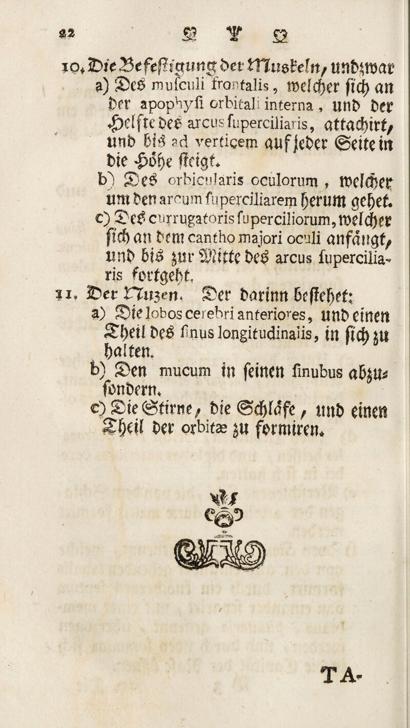 « B T St ip* 5DieBcfe^tgung bet ttlusMu/ Uiifyroac a) Seb mufculi fronfalis, töcfcf)et* ft'cf) an Der apophyfi orbital 1 interna , unt> Der Reifte beb arcusfuperciliaris, attadt>irt/ unb bib ?d verticem auf jeher ©eitern bte -£>t>!je ileigt. b) See* orbicujäris oculorum , weither um Dettarrum fuperciliarem herunt gebet c) See? enrrngatoris füperciiiorum, weiter ftcb an Dem cantho majori ocnli anfangs unb 6tÖ Jttr bittre bet? arcus ftipercilia- ris forfgebt 3i. 3Der Vlmen. Ser Dartnn Befielet; a) Sie lobos cei ebri anferiores, utlb einen Shell beö linus longitudinaiis, in ft eh Ul hnlten, b) Sen mucum in feinen fmubus abju* fonbern, c) Sie ©firne; Die ©djltffe f unb einest Sfkil Der orbita» ju fermiren. TA-