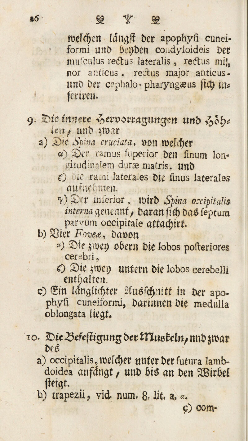 SB T SS melden Idngfi ber apophyfi cunei- fonni ttrtb bepbert coadyloideis Der mufeulus redu3 lateralis, redus mij, nor anticus. redus major anticus- unb Der csphalo- pharyng<eus }tct> tu# 1 fertreti. 9. 3Dte innett ^,etx>ottagnnge,tt ««5 ien f nnb $roar a) 5>tc Spina eruciata, »on iüddier a) $Dcr ramus fuperior Den ’finum Ion* gicudinalem dura» mafris, unb f) *e rani laterales Dir fmus laterales (jufitfljraen. <y) S>t inferior , wirb Spina oeciphalis interna gertc.nnf , barart fi(p oab feptum parvum occipitale attatyixt b) Siet* Fovea, baüon a) S)k jtve*) obern bte lobos pofteriores cersbri, O S)te jroep untern bte lobos cerebeiü enthalten. c) ©n ldngltd>ter 2lu$f<f>nitt in ber apo. phyfi cuneiformi, bariniten bte medulla oblongata liegt* 10. feie gefefiigimg bet lYlushln/ mtb $n>ar bc$ a) occipitalis,meldf)er unter ber futura lamb- doidea anfangt / unb bi$ an ben SBtr&el IWflt. b) trapezii, viel- num. 8- lit, a, «. 9) com*