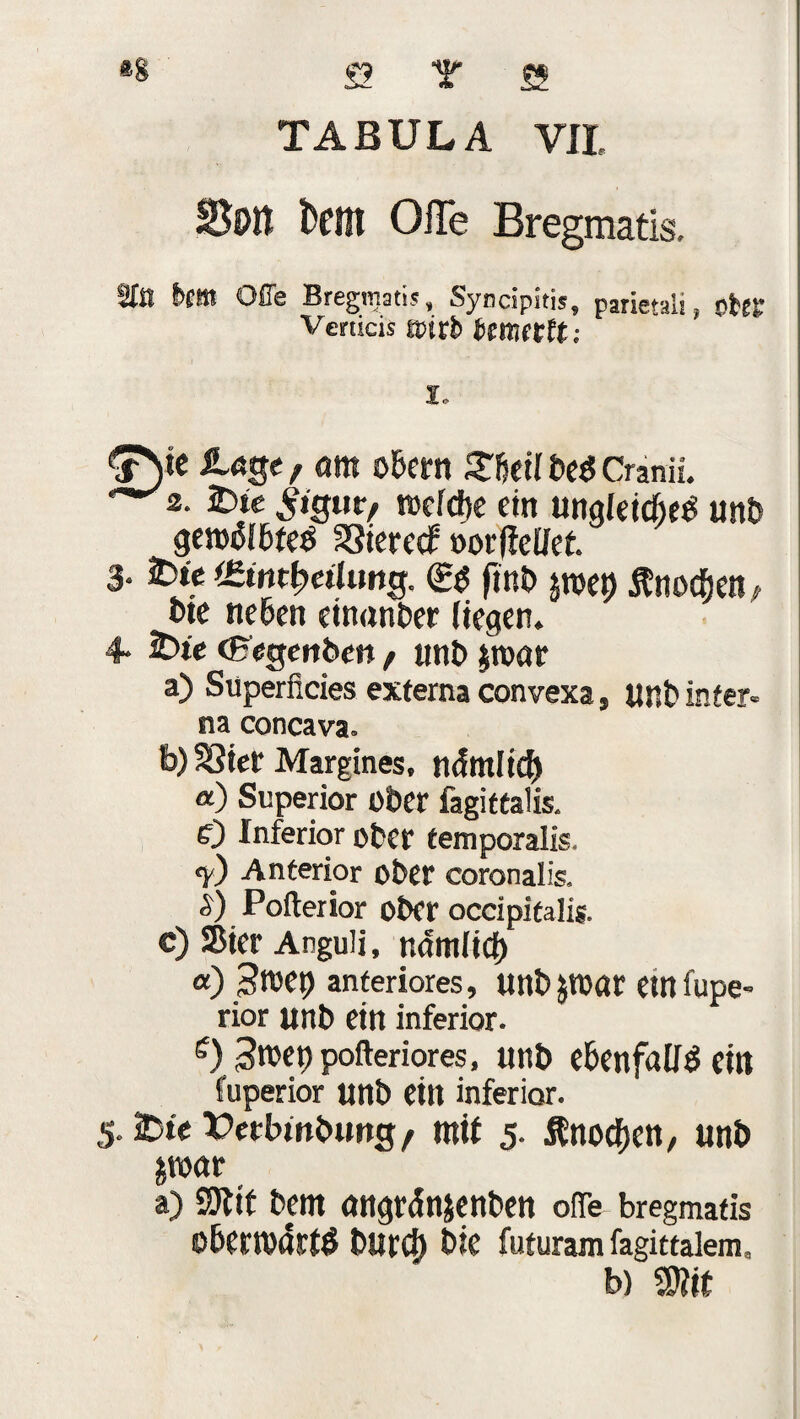 TABULA VII, Bott t>cm OfTe Bregmatis, aa bm Ofle Bregmatis, Syncipitis, parietali, ehr Venicis tvitb HmWtt; 1. iUge, am obern STjeil txö Cranii. 2. 3Dte ^igur/ roefebe ein ungleich unb gewdlbteb SSterccP votfteUet. 3■ £*? (Sinttyeiliwg. & ftnb tfnocfjen, bte neben einanber liegen. 4- foie <Begenben f jint> par a) Superficies externa convexa, llnt inter¬ na concava. b) SSief Margines, ttAntlicp» «) Superior über fagittaüs. e) Inferior ober temporalis. <y) Anterior ober coronalis. 2) Pofterior ober occipitalig. c) SBier Anguü, ndmlid) a) ßtVO) anteriores, unb par etn fupe« rior unb ein inferior. £) 3n>rt)pofteriores. unb ebenfalls ein fuperior unb eilt inferior. 5. iDte Verbmbtmg f mit 5. Änocljen, unb par a) SSJltt bem angrdnjenben ofie bregmatis obenvorf^ burct) Sie futuram fagittalem, b) ®it