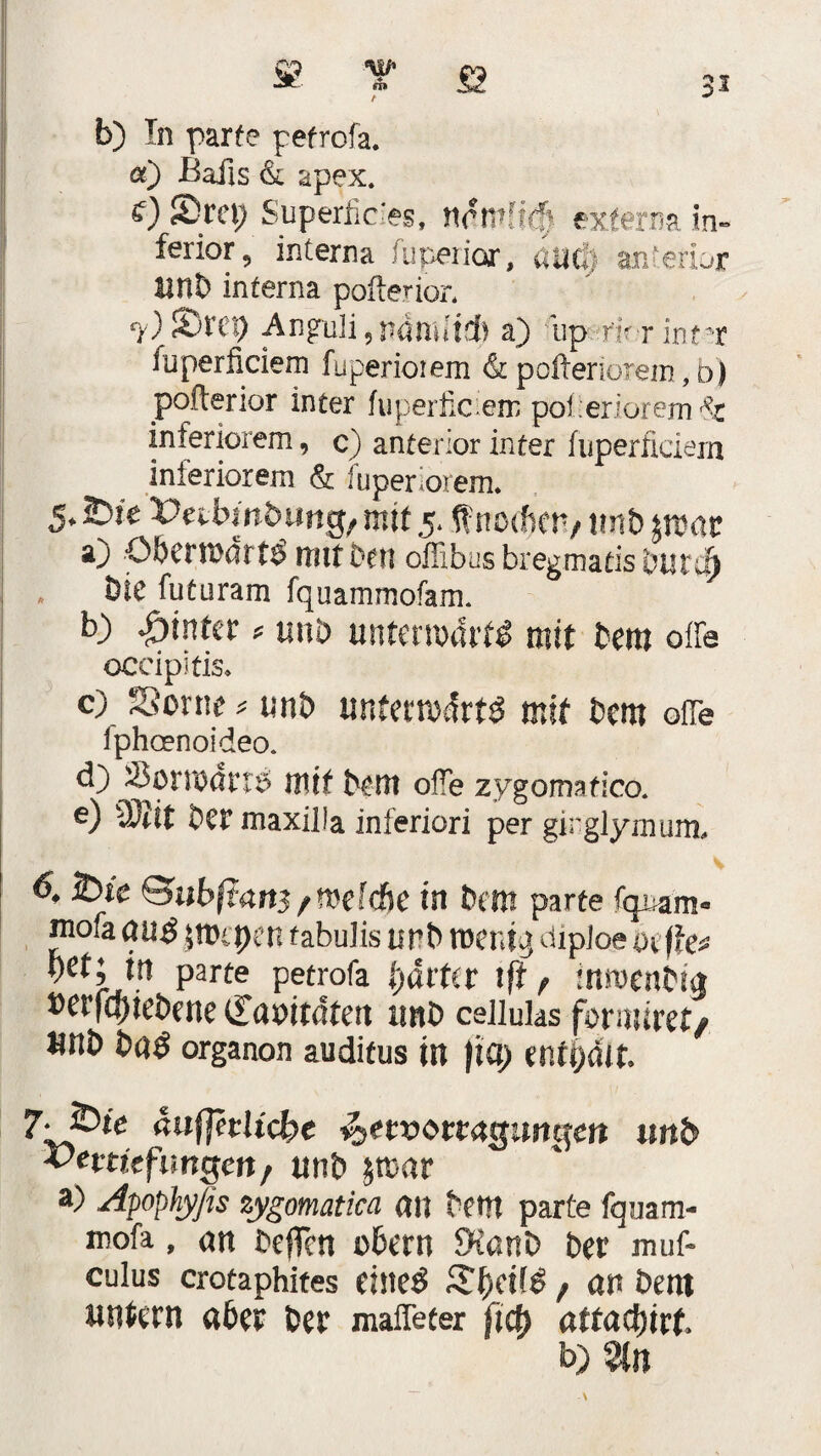 s 32 cp w* JÄ1-- ffo t b) In parte pefrofa. «) ßafis & apex. 0 Stet) Superficies, ncmffdj exter.ua In» ferior, interna fuperior, 4ticf> anterior imt) interna pofterior, 7) SDreo Angruli 9 a) iip nV-r intnc fuperficiem fuperioiem & pofteriorem, b) pofterior inter fwperfic em pofteriorem & inferiorem, c) anterior inter fuperficiem inferiorem & fuperiorem. 5, 2>ie Vttbinbun^t mit 5* tfnocfictv unb par a) 0&ern>ärt$ mit Den offibus bregmatis biire& Die futuram fquammofam. b) hinter * uni> unterwarf mit bem offe occipitis. c) Sorne * unb mumfitt# mit bcm offe iphoenoideo. d) 25orn)art£ mit bcm offe zygomafico, e) 2^it bCt maxilla inferiori per girglymum. 6, foie Quhßans/Welche in bem parte fqjuam- ni°fa au$ ppn fabuJis unb wenig dipioe mjk* i)et; in parte petrofa tjäi'Ut tfi f inmenbig *>er|G)iebene tTabitdfett unb ceiiulas formiret/ unb baß organon auditus in flü) enthält. 7*25^ nußetlicbc ^uvona^nni\en unb vettitfungen/ unb par ä) Apophyjis zygomatica an bem parte fquam- mofa, an beffen obern $Hanb bet muf- culus crotaphites eineö £l)ei(£; an bem untern aber bet maffeter ficty attacfyixt