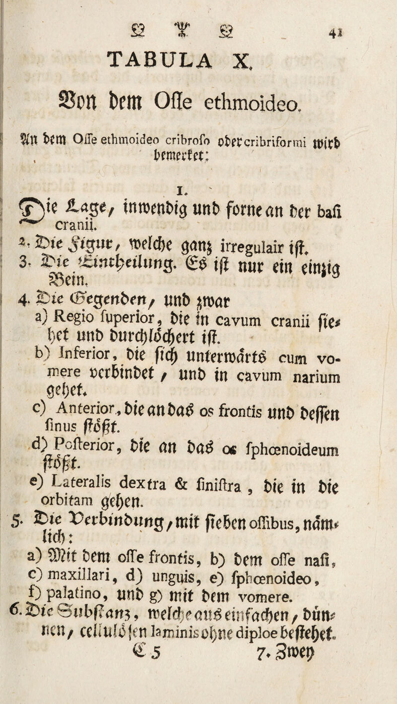 TABULA X. SBoit Ofle ethmoideo. Sftt tcm Offe ethmoideo cribrofo oiffcribriformi «»itt» , l'cmn-fct: < ’ ‘ I I.  inroenbig unb fornean Der bafi iDfe^fgut/ Welche gan$ irregulair i|f, 3, 2>ie >Jzwl;eihwg. & iß nur ein eimig 4■ tOic (Begenbett/ unb par a) Regio fuperior, Die in cavum cranii fte# l)Ct unb iburd)fddf)et’t iß. b) Inferior, Die flä) imtevwärtß cum vo- roere »crbinbet , unb in cavum narium ge()ef. c) Anterior , Die an baö os frontis unD beflen finus ßoßt d) Pcfterior, Die an bag oe fphcenoideum e) Lateralis dexfra & finiftra , Die itt Dte orbitam gef;ett. 5* &ic ^tbmbung/mit fiebcnoffibus 3 itd): a) 5D?tt bcttt ofTefronfis, b) bcttt ofle nafiu c)maxi]Jari, d) unguis, e) fphcenoideo» f) Palatino, «nt) g) mit bem vomere. 6. ©te Qubfiatiß, mlfr,em$einfachen/ Dun# nen / celtulöjen laminis oi)ne dipioe befielet. € 5 7- 3roet?