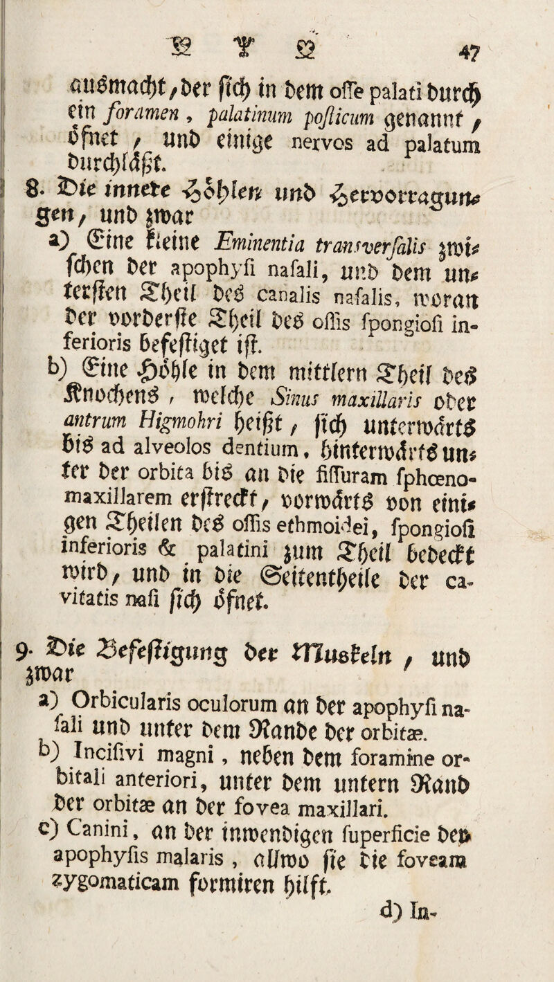 öuöntad)t/ber fid) in bettt offe palati burcf) dn forumen , palatinum poßieum genannt / ofnet , uni) einige nexvos ad palatum tmrdE)f<S£f. 8« 2imtete iiit& ^ctvovv<x(tutu Scn; unb imt O fiClllC Eminentia trantver falls feften ber apophyfi nafali, ur.b bem un* tetfiert sri)t'il Dc£ canaiis nafalis, ivurait ber wrberffe Sr^cil beb oflis fpongiofi in¬ ferior« befefiitjef iff. b) Sine £(>&ie in bem mittfern 3Tf)eif bet? Änoifiend , tt)efdf)c Sinus maxiüaris ober antrum Higmokri f)eifjt, fty untcmartS big ad alveolos dentium, bintemdrfbun* ter Der orbita big an Die fifluram fpheeno- maxiiiarem er|?reeFf, ooradrfb »on eint* gen ^fjeiien Deb oflis ethmoidei, fpongioil inferioris & palatini juttt £|)cil 6cDecf£ rotrb, unb in bie ©eitentbeiie Der ci¬ vitatis nafi fid) ofnet 9- £>»e 3efef?tguug bet tUmhln , unb jroar > ' a) Orbicularis oculorum an Der apophyfi na- iaü unb unter Dem 9?anbe Der orbitae. b) Incifivi magni, ne6en bent foramtne or* bitaii anteriori, unter bem unfern Otaub Der orbitae an ber fovea maxiilari. c) Canini, an ber inroenbigen fuperficie bet» apophyfis malaris , olitno fie Die foveara zygomaticam formiren jjiift. d) In-