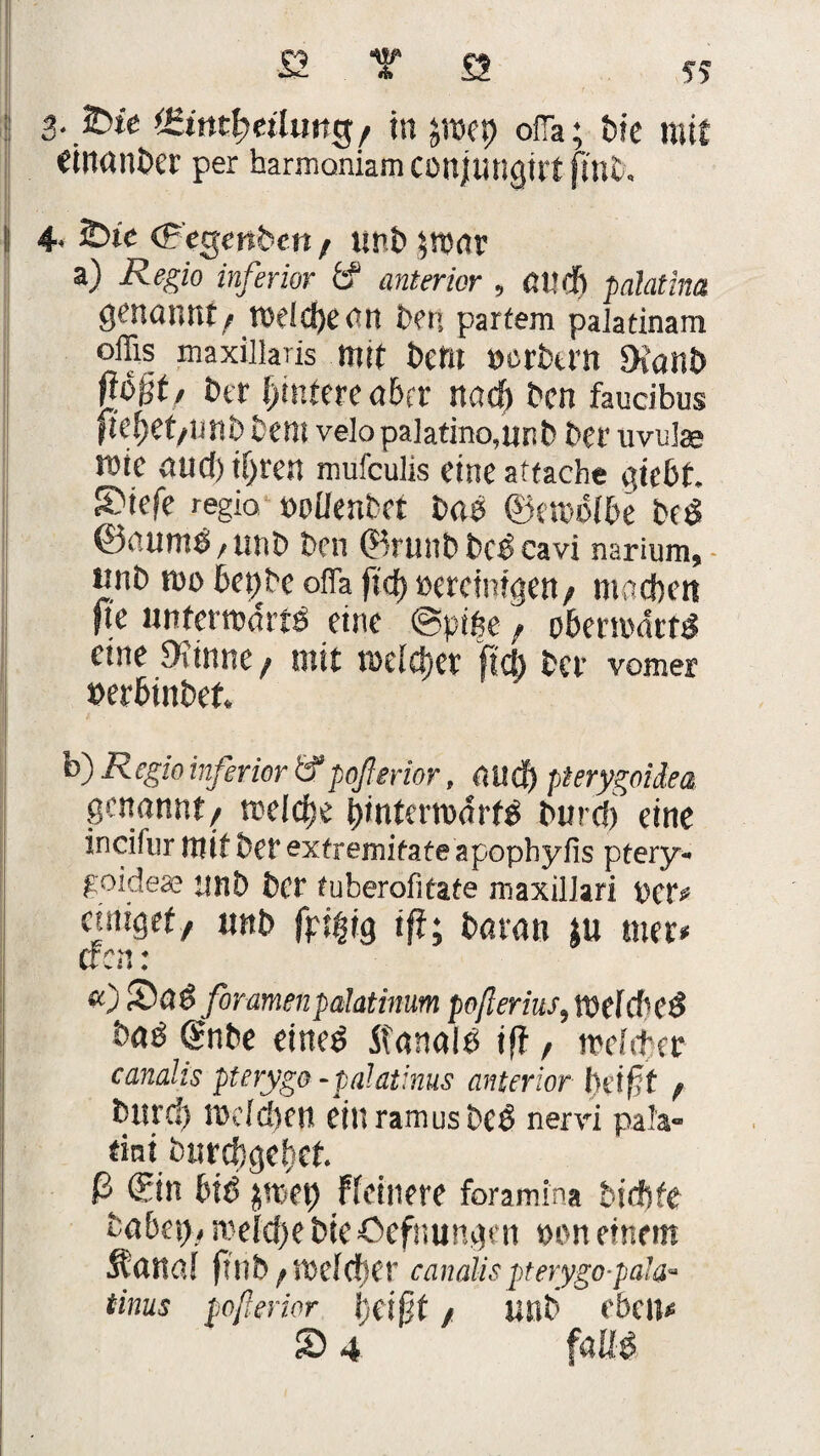 a T s « 3-pi* <£intfyälun$, in jtcep ofia; die mit einander per harmoniam conjungirt jmt. 4, 2>te (Fegenden / und $t»ar a) Regio inferior ö* anterior , ßttdj palatina genannt/ tv>e(d)e an den partem palatinam offis maxillaris mit dem »ordern Dfatld floßt / der Untere aber nach den faucibus fte^et/und dem velo paiatino,und der uvula* roie aud) ihren mufculis eine attacbe gtebf. S?tefe regio »oüendet dae ©ewbibe deö ©aumtf/Und den 0runddc£ cavi narium, «nd wo bepde offa ftd) »ercimgen/ machen fte unterwärts eine @p*e, oberwattd eine SKtnne, mit meldet ft* dev vomer »erbindet. b) Regio inferior &poßerior, «ittf) pterygoidea genannt/ weiche hinterwärts durd) eine incifur mit der extremifate apophyfis ptery« goideae und der fuberofitate maxiliari »er# einiget/ und fpu|ig iß; daran $u tuet» cf cn: *0 &a$ foramenpalatinum pofierius,wtl(bc$ daö Csnde eines Kanals iff, weither canalis pterygo -palatinus anterior heißt f durd) Weichen ein ramusdcS nervi pala- tint durchgehet ß ®in bis jmep Fieinere foramina dichte tobet)/ n?e!d)e dieöefnungen »en einem Äattöi ftild/weicher canalis pterygo-pala- tinus poßerior deiff / und eben#