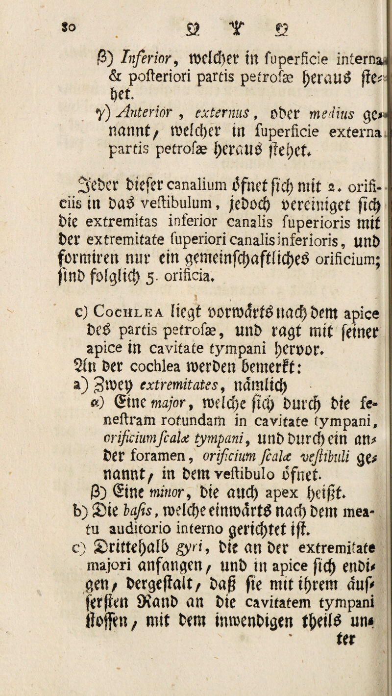 So St Y S2 ß) Inferior, fixieret' ilt fuperficie intemat & pofteriori partis pefrofe i)CröU$ ftC' bet. •y) Anterior , externus , ober medius ge»» nannt/ roe!d)cr itt fuperficie externa partis petrofae i)Crattö Sebcr biefer canalium i5fnet ft cf) mit 2. orifi- ciis in bab veftibulum, jeboeb bereiniget ftd> bie extremitas inferior canalis fuperioris tritt ber extremitate fuperiori canalis inferioris, uttÖ formtreu nur ein genteinfcbaffiicfxd orificium; ftnb folglich 5. orificia, 1 c) Cochlea liegt »Otn>ifrfdltacl)bem apice bed partis petrofae, unb ragt mit feiner apice in cavitate tympani l)Croor. Sin Der cochlea werben bewerft: a) Jlwep extremitates, UCttttltd) «) Sine major, welche fttf) burctj bie fe- neftram rofundam in cavitate tympani, orificiumfealx tympani, unbburcfjein an# ber foramen, orificium fealx vefiibuli ge# nannt / in bem veftibulo öfnet- 0) (Sine minor, bie Ölicf> apex i)eifjt. b) ©ie bafis, roet<J>e einwärts nach bent mea* tu auditorio interno gerichtet t ff. c) SDritteijalb gyri, bie an ber extremifate majori anfangen f unb in apice ftd) enbi# gen/ bergeftait/ baf? fte mit ihrem auf# ferjten 9ianb an bie cavitatem tympani Öoffen! mit bem inwenbigen t&etiS un* ter
