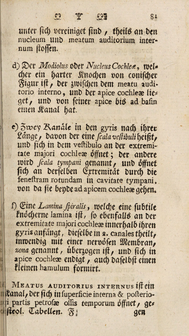 unter fiel) bereiniget ftnb f tpeild an ben nucleum unb ineatum audkorium inter- num jloffen. • d) ©er Moiiolus ober Nudeus Cochlea, WtU (per ein harter S’nocpen »on eonifeper oigur tff f ber äioifcpen bent meatu audi* torio interno, unb ber apice cochleae lie* get f unb »on feiner apice bi$ ad bafxn emen Äanal pat. e) 5'fcy Kanäle in ben gyris naep ipret £ßttge, ba»on ber eine fcalaveßibuHtyißt, unb fiep in bent veftibulo an ber extremi- täte majori cochleae öffnet; ber «nbere mirb feaia tympani genannt/ unb äffnet ftcf> an betfelben Gjctremitdt burep bie feneftram rotundam in cavitate tympani, »on ba fte bepbe ad apicem cochleae gepCtt. 1) (Sine Lamina fpirdis, toelepe eine fubfile fttoeperne lamina iß, fo ebenfalls an ber extremitate majori cochleae innerhalb ipretl gyris anfängt, biefclbe in 2. canales tpeilt, intoenbig mit einer neroöfen SKcmbran, zona genannt, überzogen ift, unb fid) in li^anal/ ber fiep infuperficie interna & pofterio- Btji partis petrofae offis temporum öffnet/ ge*