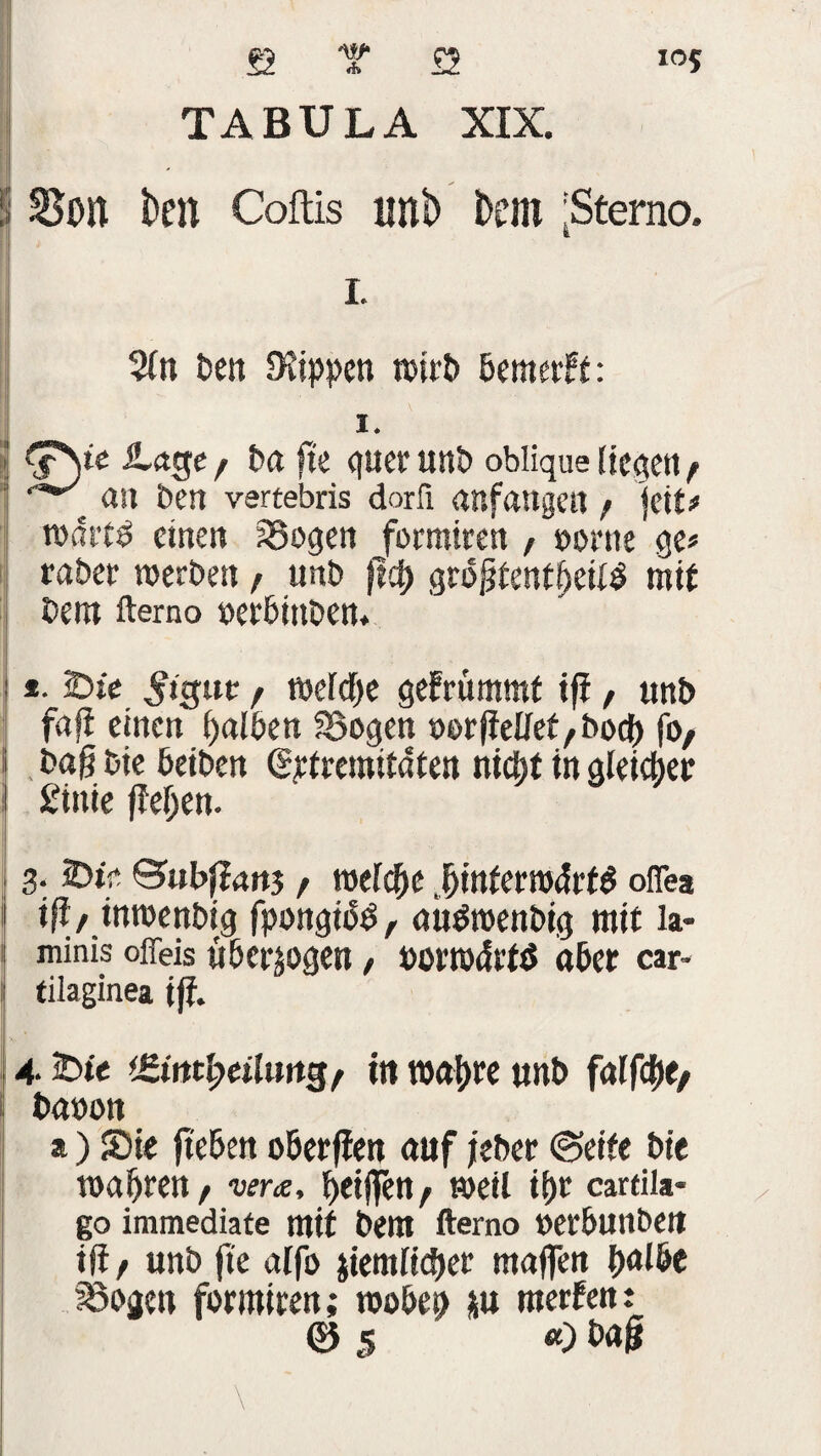 & TABULA XIX. S Sott ben Coftis unb Dem [Sterno. 1. %n bett Rippen n>trt> Bemerkt: 1. 1 fj\te Dage / ba fte <iuet’ «nb oblique liegen t an Bert vertebris dorfi attfattgert / jeit* wdttb einen SSogen formtren , »onte ge* taber werben f tmb |tcf) grbjjtettfijeil$ mit bent fterno »etbinben« : 1. Die 5tgut f welche gefrümmt ifi, tmb fafi einen falben SBogen wrffeftef/bod) fo, j baf? bie beiben (Sptremitaten nityt in gleicher I £inie flehen. 3. Dt:* ©ubjflrtttj, weiche .f)infern>4rt$ offea (ft/ tnroenbig fpongitö, autfmenbig mit la- : minis offeis «bezogen , t)0t'R)4l’tÖ aber car- | tilaginea tff. |A J 4. Die i£ttttr;ei(urtg, itt tba|>re «nb falf<t»e, banon *) Sie fiebert oöerffen auf jeber ©eite bie wahren / vem, f>etffett, weil it)t cartiia- go immediate mit bettt fterno »etbunbeit ift f unb fte alfo jiemlidjer maflTen J>aUk föogen formtreu; roobep p merfett: 0 5 <0 bafji