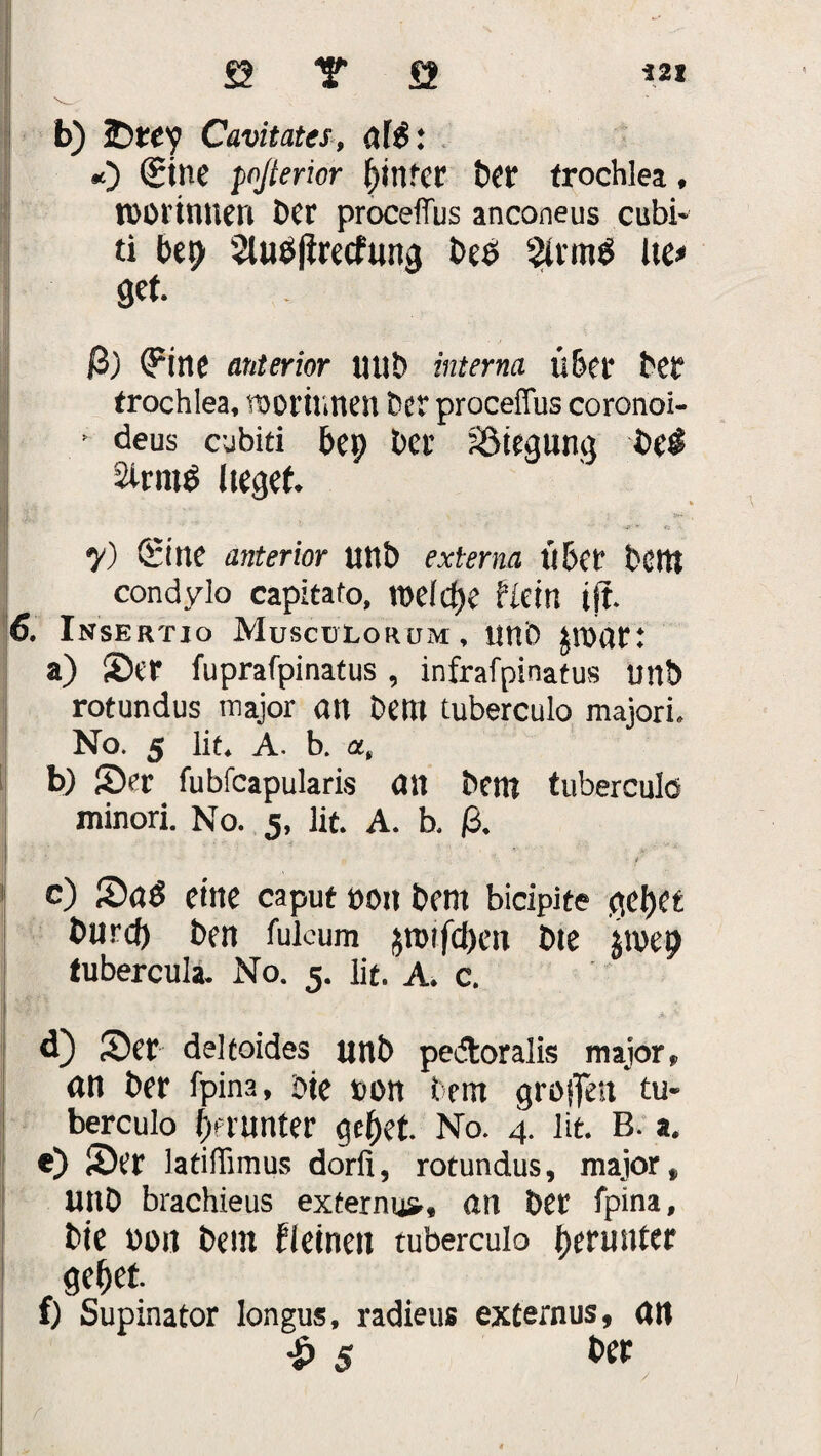 I ^ b) JDtey Cavitates, <*[£: O (£tne poßerior f)infcr &CI* frochlea * IDOrinueri ber proceffus anconeus cubi~ ti bty 2luöfirecfang beb 5ivmb Ite* get. ß) (?ine anterior Utlb interna übet4 be£ trochlea, tDOriunen bet proceffus cororioi- * deus cubiti bep ber §ötegung beb 2irmb lieget. 7) Sitte anterior Uttt» externa über tettt condylo capitato, n>eld)e keift tjt. 6. Insertio MuscüLorum, unD $n>att a) ©er fuprafpinatus , infrafpinatus un& rotundus major an Dem tuberculo majori. No. 5 lit. A. b. a, b) ©er fubfeapularis an Dem tuberculo minori. No. 5, lit. A. b. ß. < 4- V. i c) ©aö eine caput »01t bent bicipite gel)et burcf) ben fulcum jratfcfjen tne jivep tubercula. No. 5. lit. A. c. d) ©er deltoides unb pedtoralis major» an ber fpina, Die teon bent großen * tu¬ berculo ^runter ge(>et. No. 4. lit. B. a. e) ©er latiffimus dorfi, rotundus, major, UttD brachieus extern^, an Der fpina, bte non bent fieineit tuberculo {jerunter ge^et. f) Supinator longus, radieus externus, alt £ s &tr /