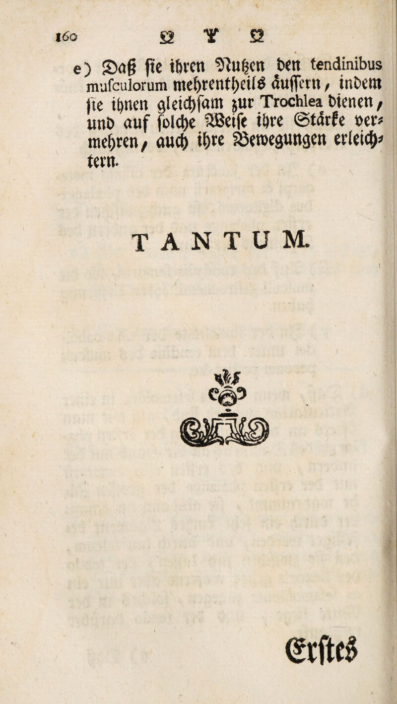 i6o a y a ♦ e) £)a§ fte tbren tftugen t>cn tendinibus mufculorum ntef)rent!)eüd duffcru / inbettt jtc ihnen gleicgfam jur Trochlea bienen, unb auf folc&e Sßctfe ihre @t<Srfe »er# mehren/ au<t> igre S5et»egungen erleid^ tertt. TANTUM.