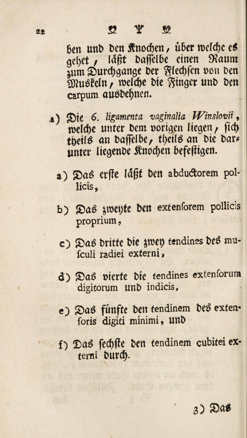f ben unt> t>en Änocben, uBcr roefcfje et get)Ct / laflt BaffelBc einen 9?aum jum ^Durchgänge Der ^lecbfen »du Den gtuSEeln t welche He Ringer unb Dm carpum auöbcfjtici!. ) ®fC 6. ligamenta vaginalia Winalovn, roeld)e unter bem »origen liegen t ftd) töet!^ an Boffelbe, tfyeilt an bie bar« unter Itegenbe Änodjen befefligen. a) ©aß erffc lafjt ben abdu&orem pol- licts, b) £>a$ pet)fe ben extenforem pollicis proprium, c) £>ag britte bie jwep tendines be3 mu- fculi radiei externi, d) S)a6 vierte bie tendines extenforuni digitorum unb indicis, e) £)ad fünfte ben fendinem be$ extern foris digiti minimi, Urtb f) £>a$ feebffe ben tendinem cubitei ex¬ terni burcf).