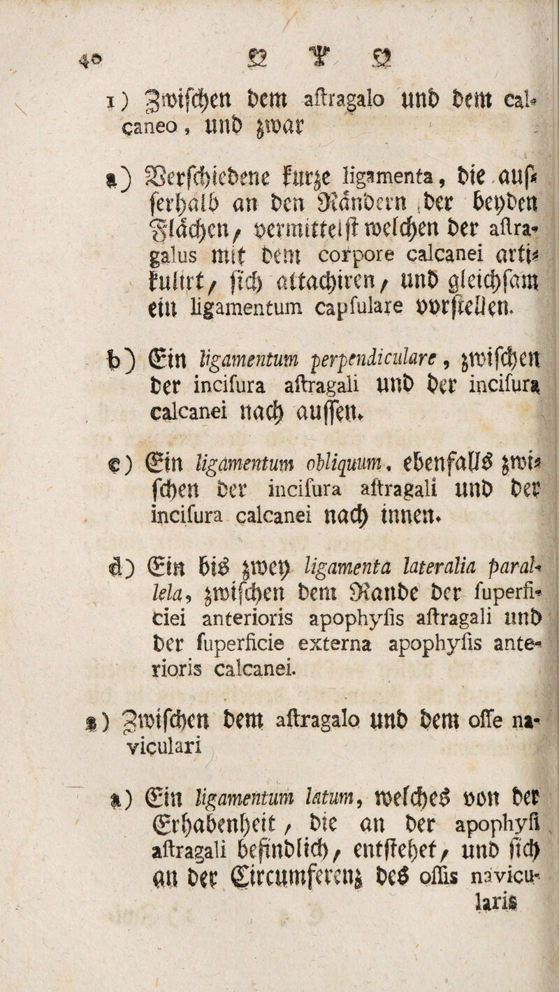i) 3wtfcf>en bem aflragalo unb beut cai* caneo, unb $n>ar a) SSerfcbtebene furje ligamenta, bie auf* fet'baib an bcn sKanbcrn ber bepben ‘glasen / »ermittei fl rodeten ber aftra* galus mit beut corpore calcanei arti* futtft/ fiep attaepiren/ unb gleicpfatn (tu ligamentum capfulare UürfidJcu. fc) Sin ligamentum ■perpendicularc, jmifcpeu ber incifura aftragali UUb bet' incifura calcanei ttaep auffen. e) ®in ligamentum nUiquum. ebenfalls JtUt* fd)en ber incifura aftragali Ullb be? incifura calcanei naep innen. d) Sin bt$ pep ligamenta lateralia paraU kla, pifepen bent 9fattbe ber fuperfi- ciei anterioris apophyfis aftragali unb bei- fuperficie externa apophyfis ante* rioris calcanei. * * *) Sroifcpen bent aftragalo unb bent ofle na- viculari H) StH ligamentum latum, tuefepe# t)0tt bet Srpabenpetf, bie an ber apophyfi aftragali befinbiiep, entffepef, unb ftd) an bet 0rcttmfeteni beö offis navicm Uris J