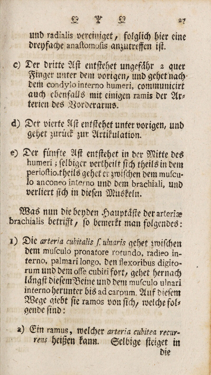 fi T S *? und radialis »ereiniget, folglich hier eine dreifache anaftomofis aii^utreffen i)t. c) Ter dritte 21 ft entliehet ungefähr 2 guer Ringer unter den* »orige»/ uni) gebet nad)* bettt condylo interno humeri, communictrt aud) ebenfalls mit einigen ramis der 2lr* tenen Des äjoröerarms, d) Set werfe ?lff entfielet unter »origen, unt» gebet jurücf jur Strtifulation. e) S'er fünfte 2tj! entffebef in der ÜÖItffe des humeri; felbiger »erteilt fid) tbeiliin dem perioftio.tfjcilS gebet er jmifcfjen dem mufcu- lo anconeo interno und dem brachiali, und »erlieft (t<b in diefen SRüSfefo. S®aS nun die bepden Jpauptdffe der arten» brachialis betrifft/ fo bemerft man folgendes: 1) Sie arteria cubitalis f.ulnaris gef)ef troifdbett dem mufeulo pronafore rofundo, radieo in- ferno, palmari longo, denflexoribus digifo- rum und dem offecubiri fort/ gehet fjernaef) iartgff diefemSSeine und dem mufeulo ulnari interno herunter bis ad carpum, Stuf diefem Sßege giebt fie ramos oon ft<hf roefebefol# gen de find: a) ©tt ramus, meiner arteria cubitea recur¬ rens Reiften f«nn. ©elbige ffdget in die