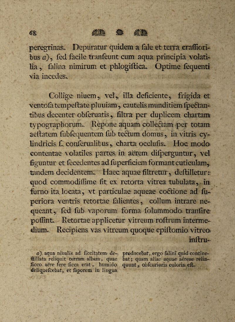 peregrinas.. Depuratur quidem a fale et terra eraffiori- bus «)■, fed facile tranfeunt: cum aqua principia volati¬ lia , falina nimirum et phlogiltica., Optime fequenti via incedes» Collige; niuem, vel:,. illa deficiente, frigida et ventofa tempeftate pluuiam,. cautelis munditiem fpectan¬ tibus decenter obiefuatis, filtra per duplicem chartam; typographorum.. Repone aquam collectam per totam aellatem fubfequentem fub tectum; domus, in; vitris cy¬ lindricis £ conferualibus,, charta; occlufis.. Hoc. modo, contentae volatiles partes, in aerem; diiperguntur, vel figuntur et fecedentes ad fuperficiem formant cuticulam,, tandem decidentem.. Haec aquae; filtretur ,. deftilletur:: quod: commodifiime fit ex retorta vitrea tubulata , in furno ita. locata, vt particulae; aqueae coctione ad fu- periora ventris retortae falieiites, collum intrare ne¬ queant, fed fub vaporam forma folummodo, tranfire- pofiint. Retortae applicetur vitreum roltrum interme¬ dium., Recipiens, vas. vitreum quoque epiftomio vitreo» inftru- aj aqua niualis. ad ficcitatem de— producebat, ergo falini'quid conti ne- ftillata reliquit terram; albam, quae bat; quam aliae aquae aereae r^lin- iicco aere fere iicca erat, humido, quunt, obfcurioris coloris; eih. deliquefeebat, et faporem in lingua