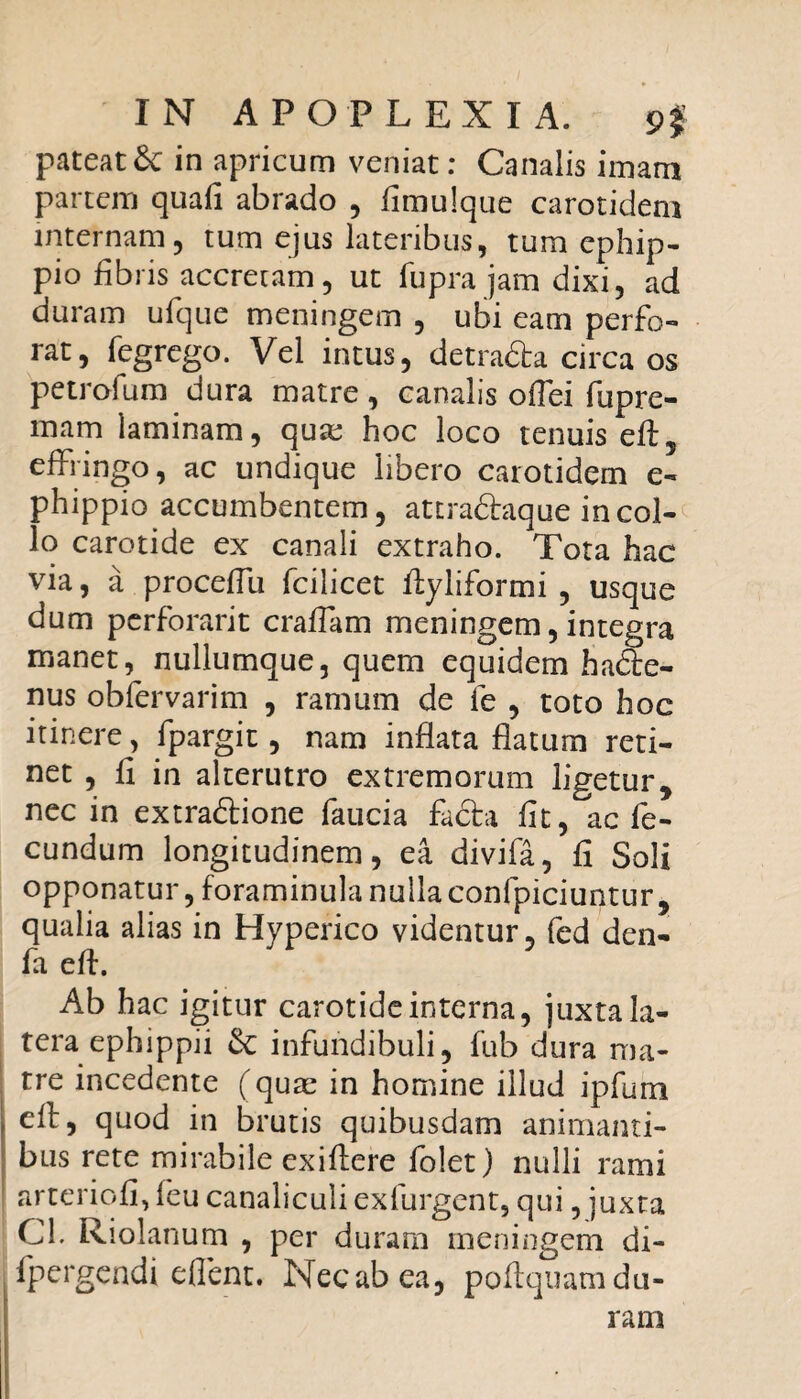 pateat&c in apricum veniat: Canalis imam partem quali abrado , fimulque carotidem internam, tum ejus lateribus, tum ephip¬ pio fibris accretam, ut fupra jam dixi, ad duram ufque meningem , ubi eam perfo¬ rat, fegrego. Vel intus, detra&a circa os petrofum dura matre, canalis offei fupre- mam laminam, quae hoc loco tenuis efl5 effringo, ac undique libero carotidem e- phippio accumbentem, at traftaque in col¬ lo carotide ex canali extraho. Tota hac via, a proceffu fcilicet ffyliformi , usque dum perforarit craffam meningem, integra manet, nullumque, quem equidem ha<5te- nus obfervarim , ramum de fe , toto hoc itinere, fpargit, nam inflata flatum reti¬ net , fi in alterutro extremorum ligetur, nec in extra&ione faucia facta fit, ac fe¬ cundum longitudinem, ea divifa, fi Soli opponatur, foraminula nulla confpiciuntur, qualia alias in Hyperico videntur, fed den- fa efl. Ab hac igitur carotide interna, juxta la¬ tera ephippii &C infundibuli, fub dura ma¬ tre incedente (quae in homine illud ipfum eff, quod in brutis quibusdam animanti¬ bus rete mirabile ex i flere folet) nulli rami arteriofi, feu canaliculi exfurgent, qui, juxta Cl. Riolanum , per duram meningem di- fpergendi eflent. Nec ab ea, poftquam du¬ ram