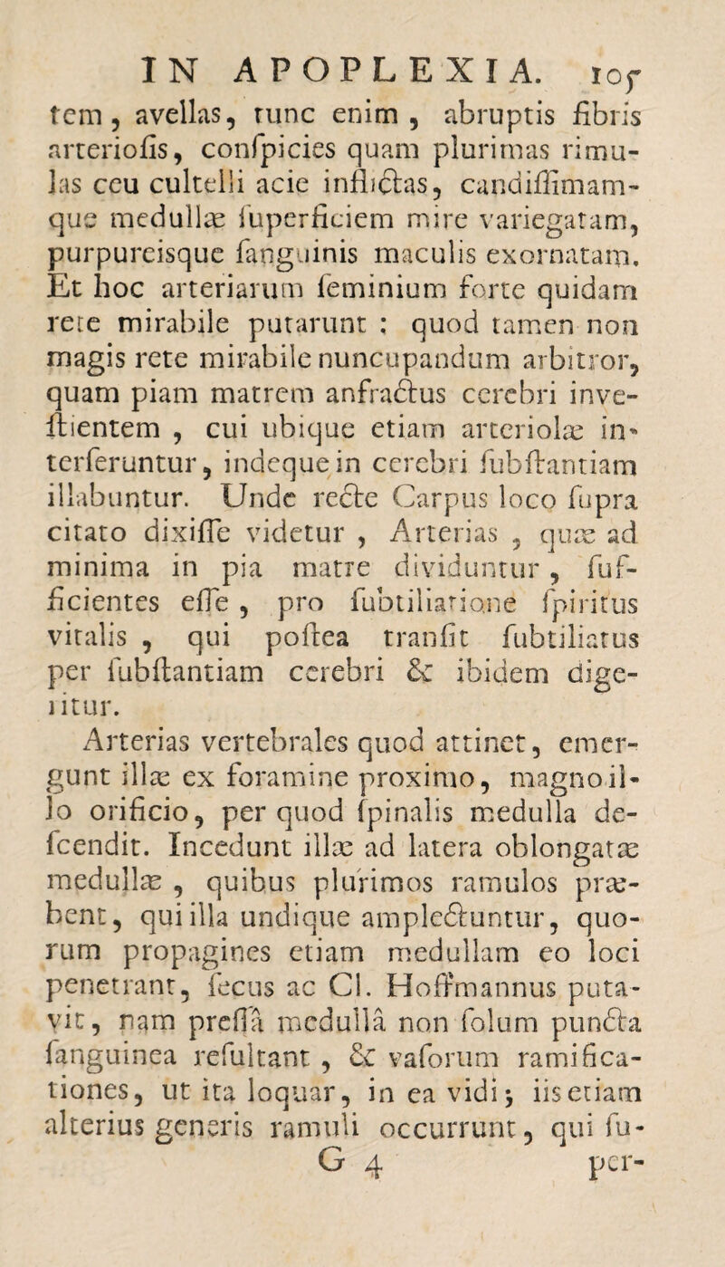 tcra j avellas, runc enim, abruptis fibris arteriofis, confpicies quam plurimas rimu¬ las ceu cultelli acie inflictas, candiflimam- que medulla luperfieiem mire variegatam, purpureisque faoguinis maculis exornatam. Et hoc arteriarum feminium forte quidam rete mirabile putarunt : quod tamen non magis rete mirabile nuncupandum arbitror, quam piam matrem anfradtus cerebri inve- fiientem , cui ubique etiam arteriolm in* terferuntur, indequein cerebri fubflantiam filabuntur. Unde recte Carpus loco fupra citato dixifle videtur , Arterias , quae ad minima in pia matre dividuntur, fuf- flcientes efle , pro fubtiliario.ne fpiritus vitalis , qui poftea tranfit fubtiliatus per fubflantiam cerebri & ibidem dige- ritur. Arterias vertebrales quod attinet, emer¬ gunt illae ex foramine proximo, magno il¬ lo orificio, per quod (pinalis medulla de- fcendit. Incedunt illae ad latera oblongatae medullae , quibus plurimos ramulos prae¬ bent, qui illa undique ampledtuntur, quo¬ rum propagines etiam medullam eo loci penetrant, fecus ac Cl. Hoflmannus puta¬ vit, nam prefia medulla non folum pundta (anguinea refultant , & vaforum ramihca- tiones, ut ita loquar, in ea vidi 5 iis etiam alterius generis ramuli occurrunt, qui fu-