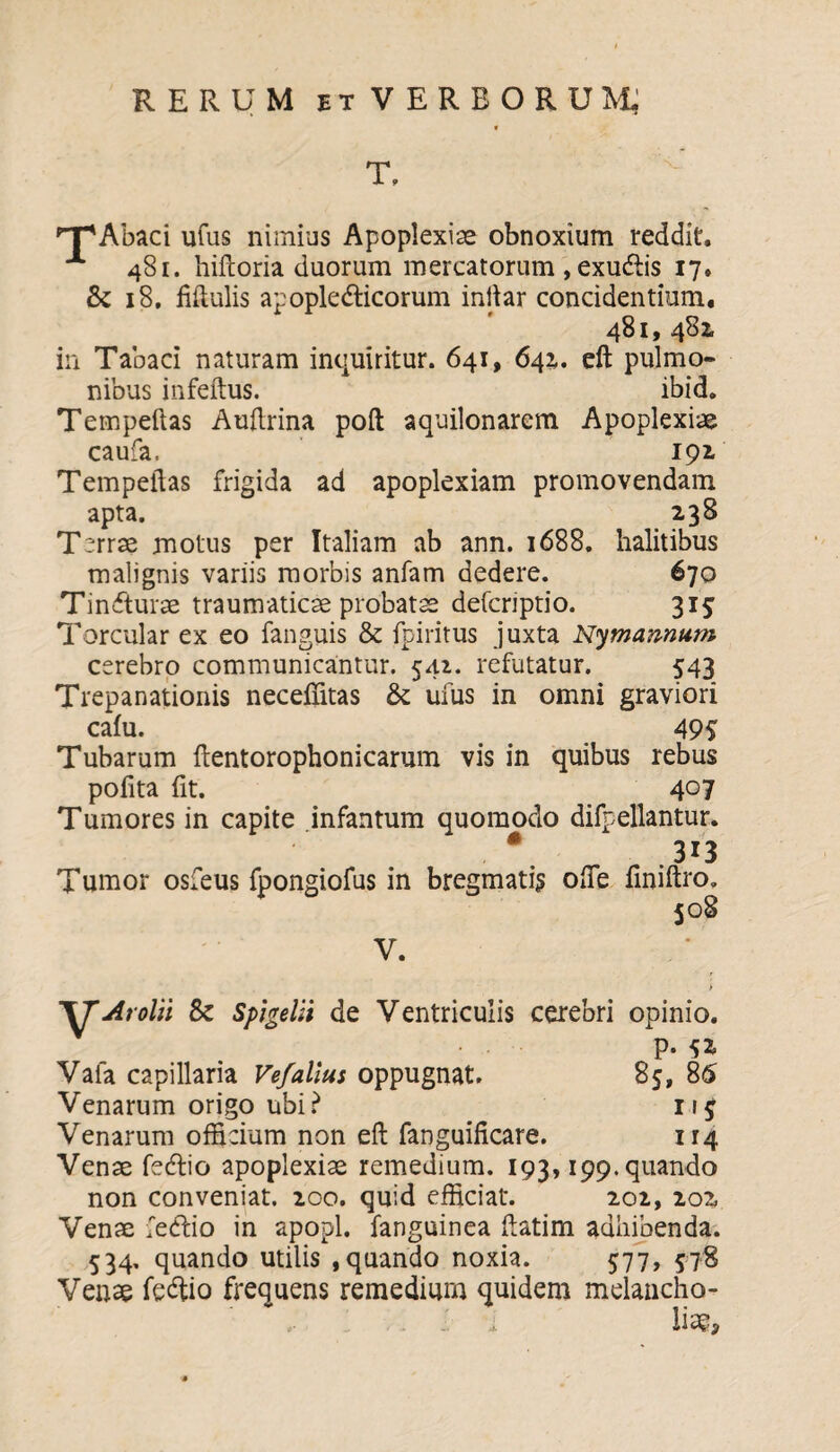 * T, TpAbaci ufus nimius Apoplexiae obnoxium reddit. x 481. hiftoria duorum mercatorum , exu&is 17. & 18. Mulis apoplecfticorum inilar concidentium. 481, 481 in Tabaci naturam inquiritur. 641, 642,. eft pulmo¬ nibus infeftus. ibid. Tempellas Auftrina poft aquilonarem Apoplexiae caufa. 191 Tempellas frigida ad apoplexiam promovendam apta. 238 Terrae motus per Italiam ab ann. 1688. halitibus malignis variis morbis anfam dedere. 670 Tincturae traumaticae probatae defcriptio. 315 Torcular ex eo fanguis & fpiritus juxta Nymannum cerebro communicantur. 541. refutatur. 543 Trepanationis neceffitas & ufus in omni graviori caiu. 49$ Tubarum ftentorophonicarum vis in quibus rebus pofita iit. 4°7 Tumores in capite infantum quomodo difpellantur. •_ .313 Tumor osfeus fpongiofus in bregmatis ofte finiftro. 508 V. rolii & Spigelii de Ventriculis cerebri opinio. • P- $1 Vafa capillaria Vejialius oppugnat. 85, 85 Venarum origo ubi? 115 Venarum officium non eft fanguificare. 114 Venae febtio apoplexiae remedium. 193,199. quando non conveniat. 200. quid efficiat. 202, 202 Venae fecftio in apopl. fanguinea ftatim adhibenda. 534, quando utilis ,quando noxia. 577, 578 Venae feftio frequens remedium quidem melaucho- .. . liae.