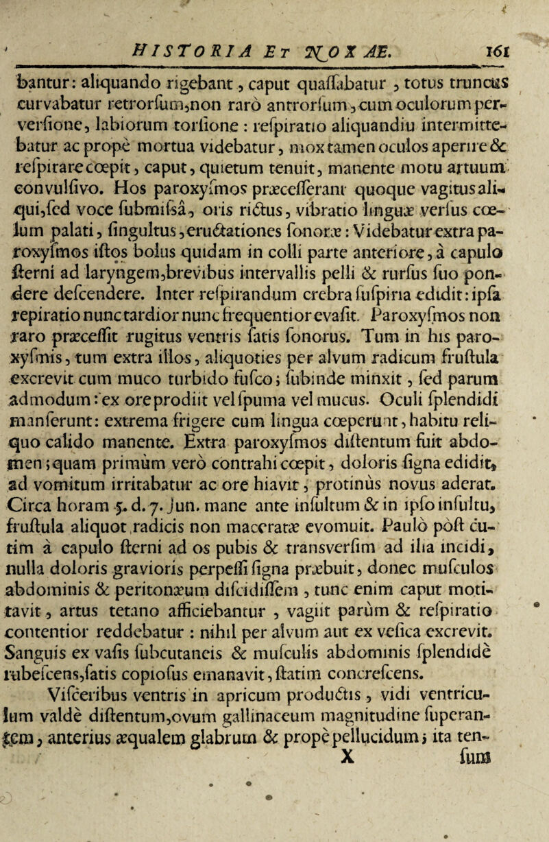 bantur: aliquando rigebant, caput quaflabarur , totus truncus curvabatur retrorfuni,non raro antrorfum , cum oculorum per- verfione, labiorum torlione : reipirano aliquandiu intermitte¬ batur ac prope mortua videbatur, mox tamen oculos aperire & reipirarecoepit, caput, quietum tenuit, manente motu artuum eonvulfivo. Hos paroxyfmos pnecefiTerant quoque vagitus ali* qui,fed voce fubraitsa, oris ri&us, vibratio linguae verius eoe- lum palati, fingultus,eru6tationes fonorae: Videbatur extra pa¬ roxyfmos iftos bolus quidam in colli parte anteriore, a capulo Cerni ad laryngem,brevibus intervallis pelli & rurfus Tuo pon¬ dere defeendere. Inter reipirandum crebra lufpina edidit: ipfa repiratio nunc tardior nunc frequenti orevafit. Paroxyfmos non raro praecellit rugitus ventris latis fonorus. Tum in his paro- xyfmis, tum extra illos, aliquoties per alvum radicum fruftula excrevit cum muco turbido fufeo; fubinde minxit, ied parum admodum: ex oreprodiit velfpuma vel mucus. Oculi fplendidi rnanlerunt: extrema frigere cum lingua coeperunt, habitu reli¬ quo calido manente. Extra paroxyfmos diftentum fuit abdo- inen ;quam primum vero contrahi coepit, doloris ligna edidit* ad vomitum irritabatur ac ore hiavit, protinus novus aderat. Circa horam 5. d. 7. jun. mane ante infultum & in ipfo infultu* fruftula aliquot ,radicis non maceratae evomuit. Paulo poft cu- tim a capulo fterni ad os pubis & transverfim ad ilia incidi, nulla doloris gravioris perpeflifigna pr^buit, donec mufculos abdominis & peritonaeum difeidiflfem , tunc enim caput moti- tavit, artus tetano afficiebantur , vagiit parum & refpiratio contentior reddebatur : nihil per alvum aut ex vefica excrevit. Sanguis ex vafis fubcutaneis 3c mufculis abdominis fplendide rubefeens,fatis copiofus emanavit,ftatim concrefcens. Vifceribus ventris in apricum produ&is, vidi ventricu¬ lum valde diftentum,ovum gallinaceum magnitudine fuperan- 0m; anterius aequalem glabrum & prope pellucidum > ita ten- ^ X fum