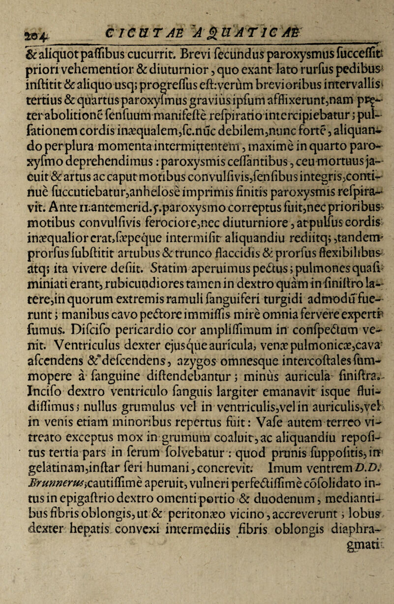 ciear An a guATic a& &aliquotpaflfibus cucurrit. Brevi fecundus paroxysmusfucceflfc priori vehementior & diuturnior , quo exantlato rurfus pedibus* inftitit & aliquo usq; progrelfus eft: verum brevioribus intervallis* tertius & quartus paroxyimus gravius ipfum afflixerunt5nam pP£- terabolitione fenfuum manifefie. refpiratioi ntercipiebatur; pul- fationem cordis in£qualem,fc.nuc debilem,nune forte, aliquan^ do per plura momenta intermittentem , maxime in quarto paro- xyfmo deprehendimus: paroxysmis ceflantibus, ceu mortuus ja¬ cuit & artus ac caput motibus convulfivis,fenfibus integris,conti- nue fuccutiebatur,anhelose imprimis finitis paroxysmis refpira- vit. Ante iLantcmerid.f.paroxysmo correptus fuit,nec prioribus- motibus convulfivis ferociore3necdiuturniore 5arpulfuscordis inaequalioreranfepeque intermifir aliquandiu rediitq; ,tandenv prorfus fubftitit artubus & trunco flaccidis & prorfus flexibilibus atq; ita vivere defiit. Statim aperuimus pedtus; pulmonesquafi: miniati erant, rubicundiores tamen in dextro quam in finiltro la- tere,in quorum extremis ramuli fanguiferi turgidi admodu fue¬ runt ; manibus cavo pe&o re immiffis mire omnia fervere experto fornus. Difcifo pericardio cor ampliflimum in confpedtum ve¬ nit. Ventriculus dexter ejusque auricula? vena? pulmonica?,cava afeendens S^defccndens, azygos omnesqueintercoftalesfum- mopere a fanguine diftendebantur; miniis auricula- finiftra» Incifo dextro ventriculo fanguis largiter emanavit isque flui- diflimus? nullus grumulus vel in ventriculis,vel in auriculis,veh in venis etiam minoribus repertus fuit: Vafe autem terreo vi- treato exceptus mox in grumum coaluit, ac aliquandiu repofi- tus tertia pars in ferum folvebatur: quod prunis fuppolitisjim gelatinam,inftar feri humani, concrevit. Imum ventrem D.D. BrumerutiC autiflime aperuit, vulneri perfedtiflimecofolidato in¬ tus in epigaftrio dextro omenti portio & duodenum , medianti^ bus fibris oblongis, ut & peritoneo vicino, accreverunt i lobus dexter hepatis, convexi intermediis fibris oblongis diaphra- gmatii