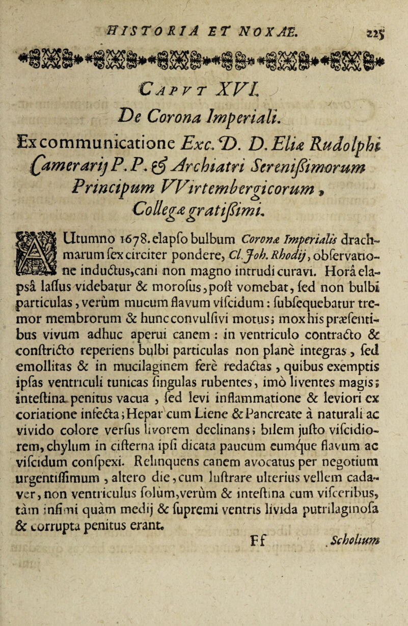»5 Capvt XVL De Corona Imperiali. Excommunicatione Exc.D. D.Elu Rudo Iphi Qamerarij P. P. sirchiatri Sereni fimorum Principum Wirtembergieorum, Collega gr at ifimi. Utumno 1678. elapfo bulbum Corona Imperialis drach¬ marum fex circiter pondere, Cl joh. Rhodij> obfervatio- ne indudus,cani non magno intrudi curavi. Hora ela¬ psa laffus videbatur & morofus,poft vomebat, fed non bulbi particulas, verum mucum flavum vifeidum: fubfequebatur tre¬ mor membrorum & huncconvulfivi motus, moxhispraefenti- bus vivum adhuc aperui canem : in ventriculo contrado & conftrido reperiens bulbi particulas non plane integras, fed emollitas & in mucilaginem fere redadas , quibus exemptis ipfas ventriculi tunicas lingulas rubentes, imo liventes magis; inteftina penitus vacua , fed levi inflammatione & leviori ex coriatione infeda ;Hepar cum Liene & Pancreate a naturali ac vivido colore verfus livorem declinans, bilem jufto vifeidio- rem, chylum in cifterna ipli dicata paucum cumque flavum ac vifeidum confpexi. Relinquens canem avocatus per negotium urgentiflimum , altero die,cum luftrare ulterius vellem cada¬ ver, non ventriculus folum,verum & inteftina cum vifceribus, tam infimi quam medij & fupremi ventris livida putrilaginofa & corrupta penitus erant. F f . Schohum