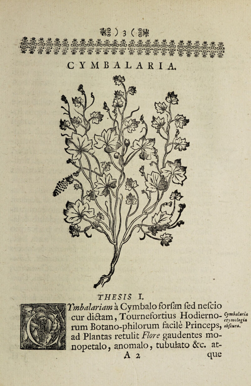 THESIS I. Tmbalariam a Cymbalo forfan fed nefcio cur dictam, Tournefoitius Hodierno- rum Botano-philorum facile Princeps, ebfcura. ad Plantas retulit Flore gaudentes mo- nopetalo, anomalo, tubulato &c. at- A 2 que