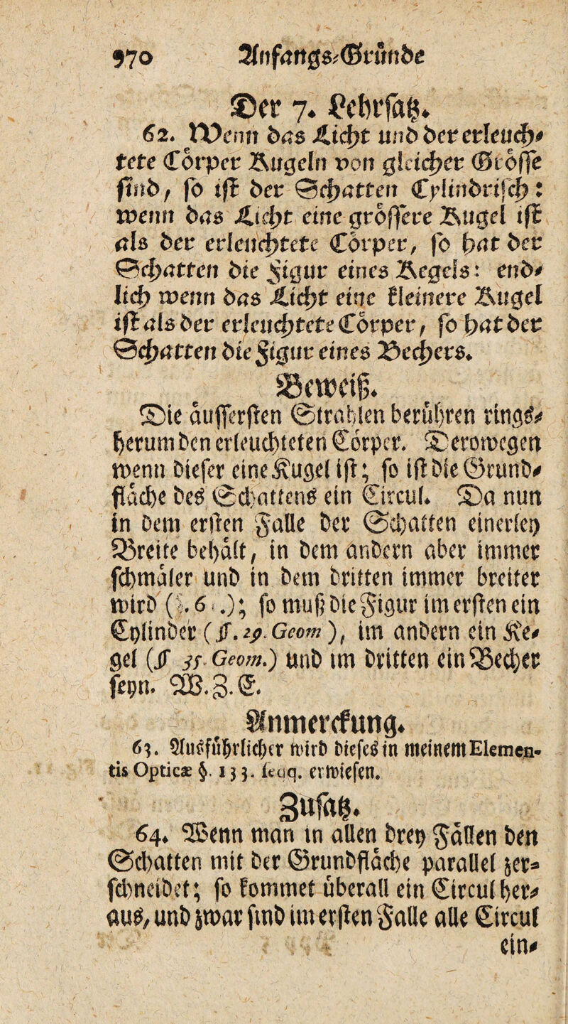 ®er 7. £cbrfa$* 62. ICOenn bas Jlid)t unbbcretlcuch' tete Cbrpet Äugeln »cm gleichet (Stoffe fi«b f (b tfl ber Statten Cpiinbrijcf) : men» bas Jhdjt eine größere Äugel ifB als ber erleuchtete (Cörper, |b bat bet Debatten bie Sjigur eines Äegefs: enb/ lid) wenn bas JLidyt eine tkineve Äugel iftalsber erleuchtete Cörper, jb bat btt Debatten ble^tgur eines 23ecj?ers. »(WClß. ©ie aufierften (Strahlen berühren rings* Return ben erleuchteten €orpcr. ©erotpegen »penn hiefer cine^vugellfl; fo ifl hie ©runhe flache heS (Schattens ein €ircu(. ©a nun in Dem erbten Salle her (Schatten einerlei) Breite behält, in hem anhern aber immer fchmäler unh in hem Dritten immer breiter »pirh ( .6 .); fomufjbicgigurimerflenein €plinher (jf. 19 Geom), im anhern ein Sfe* gel (jr ss- Geom.) unh im Dritten ein Becher fep. 9DB.3.®. Sfnmcrcfung* 63. 5(u^fu^rli(^cr rtürö t>tefc$tn meinemElemen- tis Optica §133. kuq. ermiefen. 64. 2ßenn man in allen hrep fällen Den ©chatten mit her ©runhfläche parallel 5er» febneibet; fo fomrnet überall ein Ctrculher* aus, unh jmar fmh im er|len Salle alle Sircul ein#