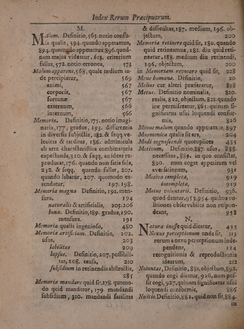 M. x Mi: (a.qualis, 594. quando apperamus, 89 4.quomgdo appetamus,896. quod- nam majus videatur , 613, eriterium fallax, 572. notio’erronea, 573 Malum apparens,568, quale tzdium in- de percipiatur, 569 anımi, 567 corporis, 67 fortune 67 externum, 566 „. internum, 366 - Memoria. Definitio, 175. notioimagi- naria,177, gradus, 193. differentia in diverfis fubjettis, 182. &amp; fegg.ve- locitas &amp; tardiras, 186. adminicula ab arte charatteriftica combinaroria expettanda,3 10. &amp; [aqq, an ideas re- producat, 176. quando non fatis fıda, 232. &amp; fegg. quando fallar, 207. quando labatur, 207. quomodo ex- tendatur, 197.198, Memoria magna- Defnitio, 192, men- fura, 194 naturalis Kartifieialis, 205.206 bona. Definitio,189. gradus, 190. menfura.- 191 Memoria qualis ingeniofo, 480 Memoria artifisium. Definitio, 202, ufus, ‚203 labilitas 209 lopfus. Definitio, 207. poflibili- tas,20ß, caufa, 210 Jush dium in retinendis abftrattis, 285 Memorie RR quid fit,178. quomo- do quid mandetur, 179. mandandi fubfidium , 310. mandandi facilitas &amp; difheultas,197. medium, 196. 2 jettum, 200 Memoria vetinere quidfit, 180. quando quid rerineamus, 181. diu quidreti- neatur ‚188. medium diu retinendi, “ 196, objeitum, 200 in Memoriam revocare quid fit, 228 Mens bumana. Definitio, 0,20 Melius cur, alteri pr&amp;feratur, 898 Metus. Definitio nominalis, 820. realis, 322, objettum, 821. quando ire permilceatur, 865:quinam fi- gnificarus ufui loquendi confor- - mis, - 8236 Minusmalum guando appetamas, 897 Mnemonica qualis fitars, -: OL Modi cognofeendi quotuplices 435 Mestivum, Definitio, ‚887. ufus, 888. neceflitas, 889, in quo confiltat, 890. num cogat appetitum vel averfationem, | ‚931 Motiva cempleta, 919 incompleta, 919 ° Motus voluntarii. Definitio, 936. quod dentur,953.954. quibus vo- ‚litiones obfervabiles non refpon- deanr, 958. NT, .@ atura inejfequiddicatur, 425 Nexus perceptionum undehir, 113- rerum a nexu perceptionuminde- pendens, 114 recognitionis &amp; reprodultionis idearum, WR N Noluntas ‚De&amp;initio, 8 81 obje&amp;tum,g 92. guando cogi dicatur, 926,numpof- fit cogi, 927,quinam fi ignificarus ufui loquendi conformis, 886 .Nolitio.Definitio,88 2. quidnnon (1,994.