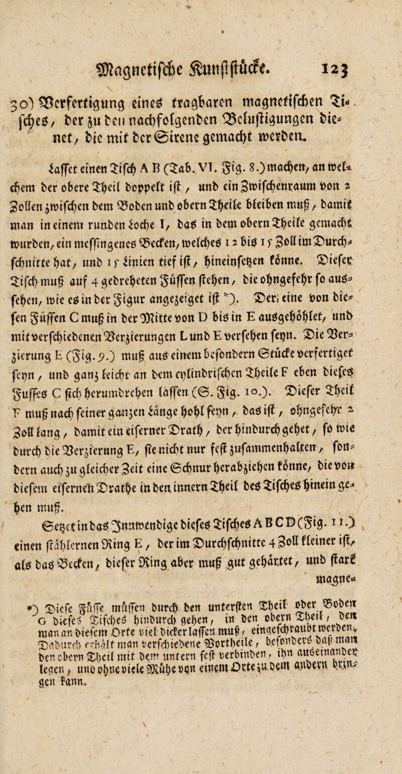12 5 s0?<igttetifd)e ftut#üc?e. 30) SScrfertigung eine* tragbaren magneftfcben Zu fcf>c5/ ter tcn nacbföftjenbcn 33c(u(lt3unßen &te* net, bie mit ber @ttene gemacht n>orbm. Raffet einen Zifö A B (Sab. VI. gig. 8.)macbett,anft>eM cbem ber obere 2beil beppeCt ij?, unb einStwfcbenraum non % Rotten $tt>tfcf)en bem 53oben unb ebern bleiben muf? / bamit man meinem runben^oebe 1/ ba$ in beut o-bern £beife gemacht mürben, ein meffmgeneo 95ecfen, toelcbeö 12 biö 1 f Jott im'Durch* fd)nitre bat, unb 1 r Linien tief t(i, ^tneiofe^cit tonne. Diefer Sifcb mug auf 4 gebrebeten güffen (leben, bie obngefebr fo aus* feben, mie es in ber gigur ange^eiget ift *). eine fcon bie* fen griffen C nmf? in ber Dritte »on D bis in E auSgebofjlet, tmb mittjerfcbiebenen^erjierungen LunbEt>erfebenfenn. Dieser* jlerung E(gtg.?.) muf? aus einembefonbern@tucfet>erferttger fe^n , nnb gan$ (eicht an bem a)(inbrifehen ^b^^e F e&ett biefc^ guflfc* C ftch berumbreben taffen (0. gig. 10.). tiefer 3#cit V muf? nach feiner ganzen Sange hobt fet)n bas ift, obngefeb? 2 3otl lang / bamit ein etferner Dratb / ber binbureb gebet, fötöic bureb bie Sterjfernng E, fie nicht nur feff $uf«mmetiija&eti> fort* bern aueb $ugleicher 3eit eine 0cbnurberab^ieben tonne, biet>o» biefem eifentehDratbe iubeninnern^beit &e$Sf4<$btwin#*. ben muf. 0e$et in bas ^nnmenbige biefem SifdjeS A B C D (gig. 11.) einen ftabternen SK mg E, ber im Durcbfcbuitte 4 3^ deiner i(I, 0(0 bas Reefen, biefer 9ving aber muß gut gebartet, unb ftart ntagneö **) Dtcfe griffe mriffen bureb ben unterjten Xbetl Jber 55obeu g biefe? S;ifcl)eS l)tnbuvd) geben, in ben obevn r brn mar» an biefem Orte riet Meter taffen muf, etngefebrauot»erben* Daburrt) erholt man rerfchtebene ’Bortbetle, befonberö baf? ntmt ben ebern t£l)etl mit bem untern feft oerbinben, tbn aueetnanoer legen, unoobtteMcle9Kuf)enon einem Ortest bem gnbern gen tann. \