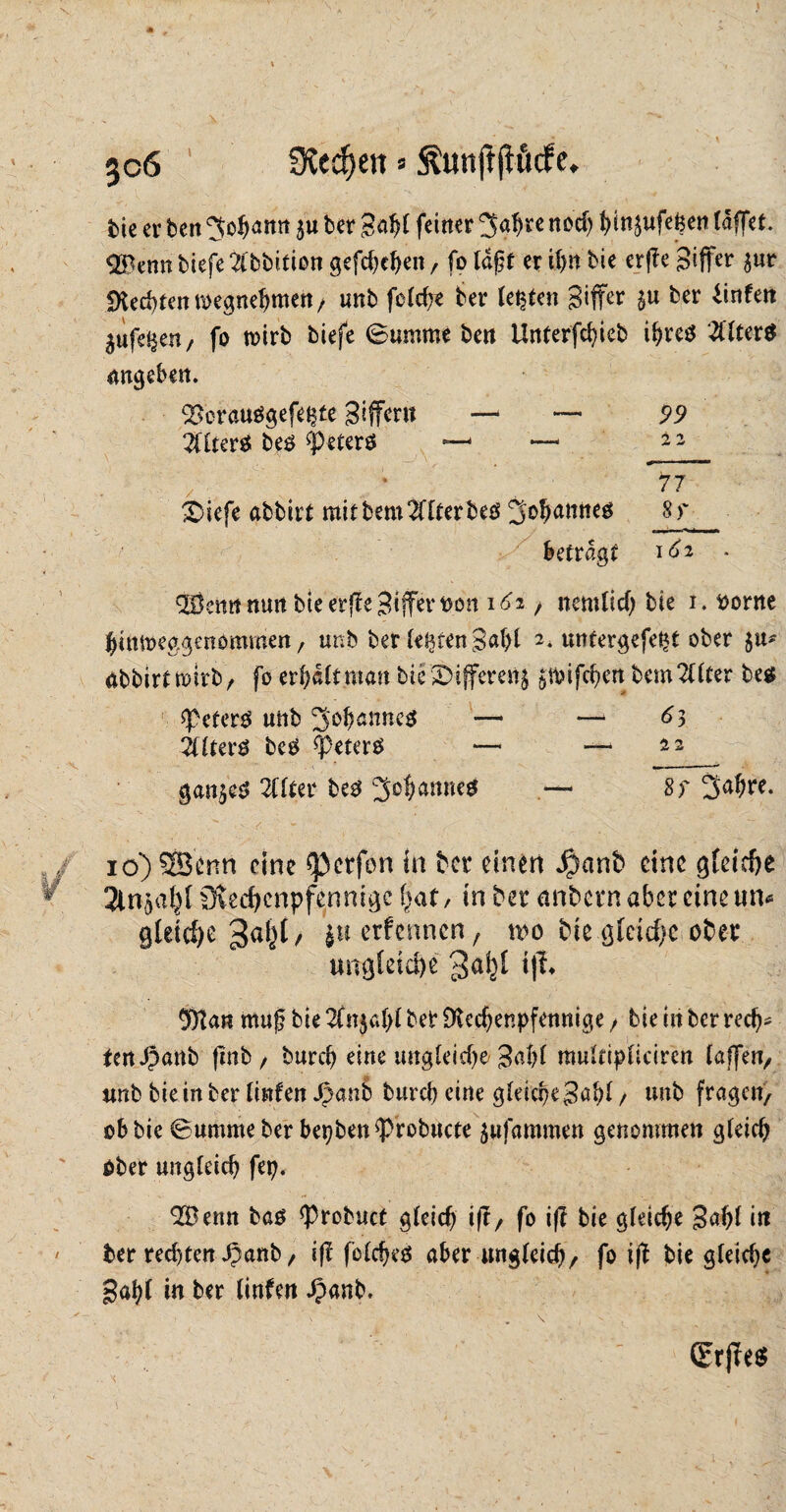 1 üledjen«ÄuttßjlMe. 3c6 bie er ben 3oh<*nn $u ber ga^C feiner ^4« nocf> hNufefeen (affet. $Benn tiefe 2lbbition gefchchen, fo lagt er i()n bie er|?e Siffer Rechten megnehmen / unt felche ber festen giffcr ter iinfett jufe^en/ fo rnirb tiefe Summe ben Unterfchieb ih«$ 2f(ter$ angeben. ^>ora«ögefe^te giffern — — 99 2üterS beö ^peterö —1 — 22 % / 77 X>iefe abbitt mit bemalter beö 3ohanne^ 8)' betragt \6i - 2Öcmt nun bie erfle gtffcr t>ott i6i / nemlich bie i. $orne himoeggenommen, unb bet lebten gat>t 2. untergefe^t ober abbirttoirb/ fo erhalt man bte'3>ijferert$ §tt?ifchcrt bemalter be$ speferg unb 34annes —* —1 63 illterö beö Meters — — 22 gan$c$ 2llter be3 34<wne$ Br 34«. io) SBenn eine sperfen in bet einen Jpant» eine gleiche 3lnaa^( Rechenpfennige hat, in ter embetn aber eine un* gleiche juerfennen, wo bie gleiche ober ungleiche 3al)£ iff* 9)tan muf bie 2fn$4l bet -LKechenpfennige / bie in ber rech- ten Jpattb fmb/ burch eine ungleiche 341 raultipliciren lajfen, unb bie in ber linfen JpanS burch eine gleiche gohl / unb fragen/ ob bie Summeber bepben^Probucte jufammen genommen gleich ober ungleich fep. ^Benn baö ^robuct gleich iß/ fo iff bie gleiche gahl in ber rechten ^anb / iß folcheä aber ungleich/ fo iß bie gleiche gaf)l in ber linfen Jpanb. ' ' \ , V . _ (ErfTee