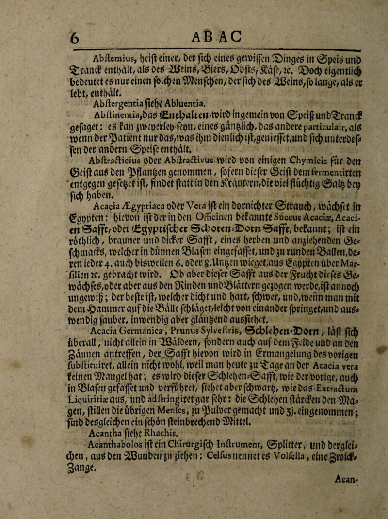 Abftemius, helft einer, Der fiel; eine? getPi jfen ©inge? itt ©pei? unb Statte? enthält, al? oe? ißein?, £iere, JÖbft?, Ä\i|e, ic. ©och eigentlich bebeutet e? mit einen folgen tSRenfchen, bet fiel; De? i8ein?,fo lange, al? et lebt, enthält. Abltergenda ftef)C Abluentia. Abftinentia,ba? IßitthalterMDirb ingemein hon ©pci|j unb^rand? gefaget: e? fan s»ei;erlcp fepn, eine? gänzlich. Da? anbeteparticulair, al? wenn bet ^attent nur ba?,tpa? il)tn Dienlich i|t,genieffet,unb ftch untetbef* 'fenberanberu ©petfe enthält. Abllrailicius obet AbUradlivus »itb POrt einigen Chymicis für bttt ©eijtau?ben fJMIan&cn genommen, fofernbtcfcr ©eiftbemfrrmentirten entgegen gefegt iff, finbet flau in Den Staufern,Die otcl fluchtig ©al£ heg fich l;abcn. Acacia .T.gyptiaca obet Vera tfl eil] botnicfrter @'tt\lud), »ächfet itt (Sgppten: hiePou ifl Der in Den Officinen befttwnteSäccus Acacia:, Acaci- ett Bnfft, obet (£gyptifd;cr Bcbotett^om Bnfft, befannt; ifl ein rotbltcb, brauner unbbicEer ©afft, eine? herben unb anjtehenben ©e* fihmacf?, melchet in Dünnen Sßlafcn emgefaffet, unb ju tunben Ballett,De« ren ieber 4. auch bionxtlen 6. obet s-Un^cn wieget,au? Egppfcn übet Mar¬ lilien 5c, gebracl)t wirb. Ob aber biefet ©afft au? bet Frucht biefe? ©e* »ächfc?,ober aber au? Den Ücinben unbiölättern gesogen »erbcjjt annod;  ungeroifj; bet beflc ifl, n>eld;ct Dicht unb hart, fcjhmer, unb,roenn man mit Dem Jammer auf Die 33älle fcl;läget,lefcbtoon einanbet fpringet,unb au?# ttenbig faubet, inroenbig aber glän^enD au?ftel)ct. Acacia Germanica, Prunus Sylveftris, Bct?lebe«’3DDtl1, läfl ftdh überall, nicht allein in -ißälbetn, fonbern auch auf Dem gelbe unb an Den Sännen antreffen, bet ©afft bieoon wirb in Ermangelung be? porigen fubftituiref, allein nicht mol;l, »eil man heute ju ^age an Der Acacia vera feinen Mangel hat; e?mirbbiefer©chlehem@ajft;»ieberöorige,auch in SSlafin gefaffet unb perführet, flehet aber febwarb, »ieba? Estradum Liquiritiae anö, tmD adfkingiretgar fel;r i Die ©chlcben jtärefen Den 3)?a« gen, fltüen Die übrigen Menfes, Su ^uloer gemad;t unb 5j. eingenommen; pnb be?gleichcn ein fchön jletnbrechenb Mittel. Acantha ftehC Rhachis. AcänthabolostfleinChirurgifch Inflrument, ©plitfer, tlllb bcrgleü chen,au?Den^Bunbenjujiehen; Celfus nennet e? Voifeiia, eine gröltE* Sange. Acan-