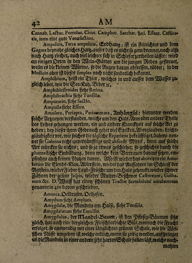Cannab. La£luc. Portulac. Cicut. Camphor. Sacchar. t,ni. Eflcnt. Cäftita* tis, item eine gute Venatfe&ion. Ampelitis, Terra ampelitis, Ifitbgntg, ift ein ftcinicgteö UttD btt» Gagate betrage gleicges.f)arg,auffet Dag es nicht fo gern brennet,noch alfo «ach $arg riechet, auch btel leistet ftd) in @cgiefcr}ectgei(en (äffet: wirb <W einigen Osten in Den 2öein*©ärten um Die jungen Dieben geftreuef, weiht es Die f leinen l2Bürme, fo Die Slugen Daran abfreffen, tobtet; in bet Medicin aber ift Diefeö fimplex noch nid)t fonberlicg befannf. Amphibium, hetft etn ^gier, welches in unb auffer Dem ^Baffer ju* gleich lebet, wie Die @ee*$ug,33ibertc, - - Amphibleilroides ftet)e Retina. Amphibrachia ftege Tonlill*. Amputatio, ftet>C Scclio. Ampulla ftege Eifere. Amuleta, Periapta, Periammata, ^ttgärttjfel t hierunter Werben foldge 2lrgnet>en berftanben, welche um Den «ÖalS^rm oberanbere ^getle i»es ßeibcSgegangen werben, ein unbanbere^ranefgett auf folcgeSlrt ju geben; bei) Diefer ihren ©ebraueg geget Diel €itclfeit,2lberglauben, £eid)t* gläubigfeit bor, wie folcgcS Die tägliche Experienz befräjftigct,Dahero nen# net fie Galenus reiht unbernünfftige unb abfurde Mittel, Denn auf fotege ?lrt würefen fie nichts; unDfoja etwas gefchieget, fo gefchiegts Durch Die phantaftifehe€tnbi(Dung, Denn welch« fein ^Bertrauen Darauffegen,enu pfutben auch feinen Diugett Dabon. §llfo tjt wieDer baSabortiren ein Amu- letum Die €’lenbS<Älau,2lDlerftctn, wieDer Das Auffahren int @cglajf Der ■?lgt|tein,wicber§ieber £aub*gröfcgc um Dentals gegewf t,wieDer fegwer gägnen Der grüne Jafpis, wieDer 35?utter*58efchwer Caftoreum, Galba- jium&c, D. «JBoljf gat elften fegönen Traftat Scrutinium amuletorum 'genanntin 4to Dabon gefegrieben. * Amurca, Oelbrufen, Delgefen. Amydum ftege Amylum. Amygdai«, Die SWanbeln am e^alfe, fiege Tonfilla. Amygdalatum ftege Emulfio. ; Amygdalus, Der JTTattfcel*.23<utttt, ift ben%f?rftg«SBäumen fegt gleich, gat auch eine Dergleichen gteifegfarbiegte iö!uf,wornacg Dte $rucgt erfolget, fo auSwenbig mit einer länglicgten grünen @cgale, wie Die 2Bel* fegen htüffe umgeben ift,welche enblicg,wenn fie jeitig worben,auffpringet vnbieSStanbeln in einet anbern fegt garten@cgale fallen läft,wel<ge nach* ' J c ; maglen