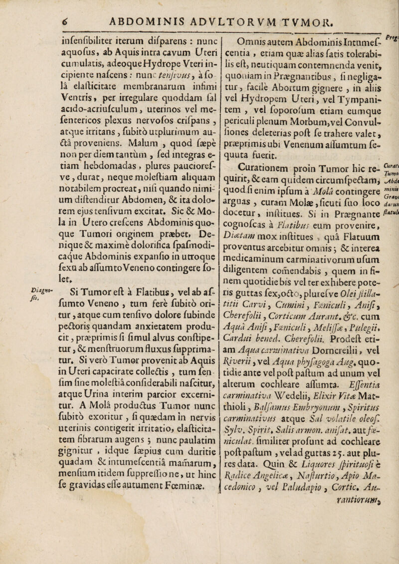 infenfibiliter iterum difparens : nunc aquofus, ab Aquis intra cavum Uteri cumulatis, adeoque Hydrope Vteri in¬ cipiente nafcens : nunc tenjivus, afo la elailicitate membranarum infimi Ventris* per irregulare quoddam fal acido-acriulculum, uterinos vel me- fentericos plexus nervofos crifpans , atque irritans, fubito utpiurimum au- da proveniens. Malum > quod faepe non per diem tantum , fed integras e- tiam hebdomadas , plures paucioref- ve, durat, nequemoleftiam aliquam notabilem procreat, mfi quando nimi~ um diftenditur Abdomen, & ita dolo¬ rem ejus tenfivum excitat. Sic & Mo- la in Utero crefcens Abdominis quo¬ que Tumori originem praebet, De¬ nique & maxime dolorifica fpafinodi- caque Abdominis expanfio in utroque fexa ab affiimto Veneno contingere fo- leu vjw- Si Tumor eft a Flatibus > vel ab af- fumto Veneno , tum fere fubito ori¬ tur, atque cum tenfivo dolore fubinde pedoris quandam anxietatem produ¬ cit: , praeprirnis fi fimul alvus conftipe- tur, & menftruorum fluxus fupprima- tur. Si vero Tumor provenit ab Aquis in Uteri capacirate colledis , tum fen lim fine moleftiaconfiderabiii nafcitur, atque Urina interim parcior excerni¬ tur. A Mola produdus Tumor nunc fubito exoritur , fi quaedam in nervis uterinis contigerit irritatio, elafticita- tem fibrarum augens } nunc paulatim gignitur , idque fepius cum duritie quadam Sc intumefcentia mamarum, menfium itidem fuppreiTione, ut hinc fe gravidas effe autument Fceminse. Omnis autem Abdominis Intumef- Pr°l cenda , etiam quae alias fatis tolerabi¬ lis eft, neutiquam contemnenda venit, quoniam in Praegnantibus, fi negliga- tur, facile Abortum gignere , in aliis vel Hydropem Uteri, vel Tympani¬ tem , vel foporolum edam eumque pericuiipienum Morbum,vel Convul- fiones deietenas poft fe trahere valet, praeprimis ubi Venenum ailumtum fe- quuta fuerit. Curationem proin Tumor hic re- c“rat> quint, oceam quidem circumfpedam i bdt quod fi enim ipfum a Mola contingere arguas , curam Molae,ficud fuo loco iarun docetur, inftitues. Si in Praegnante ^AtuU cognofcas a Flatibus eurn provenire, Diatam mox inftitues > qua Flatuum proventus arcebitur omnis j & interea medicaminum carminativorum ufum diligentem comendabis , quem in fi¬ nem quotidie bis vel ter exhibere pote¬ ris guttas fex,odo,plure{ve Olei Jlilla- titii Carvi, Cumini, Fueniculi, A mfi , Cherefolii, Corticum A urant* &c. cum Aqua Anfi, Fmiculi, Meli (fi, Pulegii. Cardui bened. Cherefolii. Prodeft eti¬ am Aqua carminativa Dorncreilii, vel BJverii, vel Aqua phy fagoga Aug* quo¬ tidie ante vel poft paftum ad unum vel alterum cochleare aflumta. Effentia carminativa Wedelii, Elixir Vita Mat- thioli, Balfamus Embryonum , Spiritus carminativus atque Sal volatile oteofi Sylv. Spirii* Salis armon. anifat* aut/«- niculat. fimiliter profunt ad cochleare poft paftum , vel ad guttas 25. aut plu¬ res data. Quin & Liquores Jpirituofi h , Padi ce Angelica, Naflurtio, Apio Ma- j cedonico } vel Paludapio , Cortic• Au- tantioruma