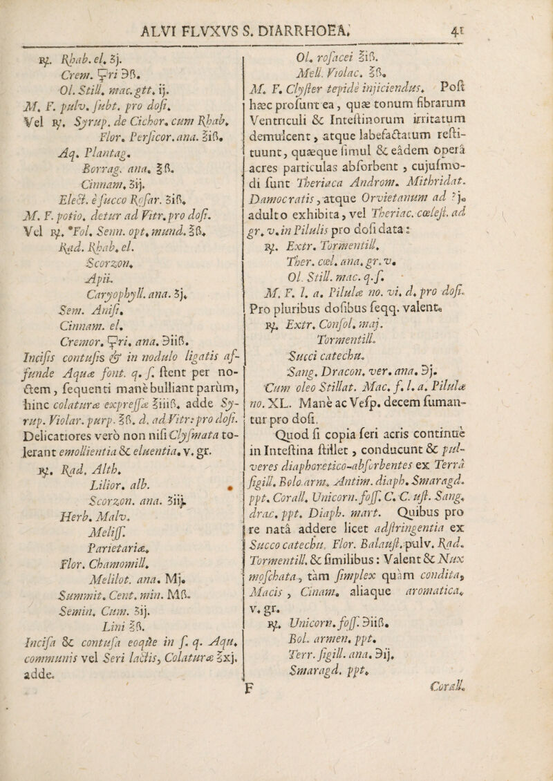 iy. Bfiab. el. 3j. Orent. f ri 95. 0/. 5/iF mac.-git. ij. jVf* F. pulv.fubt. pro do fi. Vel iy, Syrup. de Ciebor. cum Bjmh. Flor. Ferficor. ana. Ii5. Flantagm Borrag. ana, §5. Cinnam. 3i-j. F/ffifi efiucco Byfar. 3i5» ,M, F. detur ad Vitr.pro dofi. Vel ry* #F?/. Few». mund.%$+ pad. l\hab. el. Scorzon. Apii. Caryophyll. ana. 3j* Sem. Anifi. Cinnam. el. Cremor. pri. 9ii5. Incifis contufis fio in nodulo ligatis af¬ funde Aqua font. q. f. fient per no¬ dem, fequen ti mane bulliant parum, 'hinc colatura expreffa Iiii54 adde Sy- 77/p. Violar. purp. |5. d. ad Vitrrpro dofi. Delicatiores vero non nifiC/y/w<zta to¬ lerant emollientia & eluentia• v, gr. jy. fiad. Altb. Lilior, alb. • Scorzon. ana. 3ii). Herb. Malv.. Meliff. F arietariae. Flor. Cbamomill. Melilot. ana. Mi» Summit. CewA wiw. MA Semin. Cum. 3ij. Litfi 15. Incifa <k contufa eoqtie in fi q. Aqu. communis vel Feri AFFr, Colatura Ixj. adde. 0/a rofacei Ii 5. Meli. Violae. ?5» dF F, Clyfter tepide injiciendus. Pofi htec profunt ea, quae tonum fibrarum Ventriculi & Intefiinorum irritatum demulcent > atque labefa&atum refti- tuunt, quaeque fimul & eadem opera acres particulas abforbent , cujufimo- di fiunt Theriaca Androtn- Mithridat. Damocratis, atque Orvietanum ad adulto exhibita, vel Theriac. coelejl, ad gr. v.in Pilulis pro doli data; iy. Fx£r« Tormentill. Ther. ccd. ana. gr. v. 01 Stili, mac. q.f. M. F. 1. a. Pilula no. vi. d. pro doju Pro pluribus dofibus fieqq. valent® jy. Fx/r* Confiol. maj. Tormentill. Succi catechu. Dracon. ver. Dj. oleo Stillat. Mac. fi I. a. Pilula no. XL. Mane ac Vefip. decem fuman¬ tur pro dofi. Quod fi copia feri acris continue in Inteftina ftiilet, conducunt & pul¬ veres diaphoretico-.abforbent es ex Terra figill. Bolo.arm. Antim. diapb.Smaragd. ppt. Cor ali. Unicom, fofifi. C. C. uft. Sang. drac. ppt. Diapb. mart. Quibus pro re nata addere licet a djlr ingentia ex Succo catechu. Flor. Balaufi. pulv. Tormentill. & fimiiibus: Valent & Ar//x mofiebat a3 tam fimplex quam condita % Macis , Ctnani. aliaque aromatica. v* gr. ry» Unicom, fofifi Aii5. JW. armen. jy^. Terr. figill. ana. 9ij» Smaragd. ppt. F / CorAL