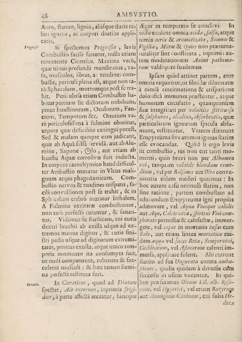 A 0 *-j-0 AMBVSTIO. Trogmfs Auro, ftanno, lignis, aliifque duris re-' ^Eger m temperato fit conclavi.- In bus ignias , ac corpori diutius appli¬ catis. Si fpe<ftemus Prognofin > levis Combuftio facile fanatur, nulla etiam remanente Cicatrice» Maxima vero, quaa nimis profunde membranas , va- ia, snluculos, fibras, ac tendines com- viBu extilent omnia acida ,falfa, atque nimis acria & aromatizat a, Somnus & Vigilia* Motus & Officr non praeterna- tura liter fint conftituta , inprimis au¬ tem moderationem Animi pathema- tum vaidopere (uademus. Ipfam quod attinet partem , ante bullit, periculi plena eft, atque non ra-j omnia requiritur,ut fibriJlae dilaceratae ro Sphacelum, mortemque poft fetra-ja nimia cincinnatione & crifpatione hic* Periculofa etiam Combuftio lia- doloi ifica immunes praeftentur, atque betur partium hc didorum nobilium,; humorum circulatio , quamprimum prout Inteftinorum, Oculorum, Fau-_fuae integritati per volatilia Jpirituofa Cium, Temporum &c, Omnium ve- gr fulphurea, alcalina, abforbentiay quae re periculofifilma a fulmine oboritur, particularum ignearum fpicula abfu- utpote quas difficilius exunguipoteft. niunt, refti tuatur, Veteres dixerunt Sed & malam quoque eam judicant, Empyreuma five atomos igneas ftatim quse ab Aquafalfa fervida, aut ab Aiu-jj e$e evocandas» Quod li ergo levis mine, Sapone , 01o , aut etiam ab, Et combuftio, res non erit tanti mo- hauftu Aquae corr olivae fuit indu&a, j menti, quin brevi non per Albumen In corporecacochymico hauddifficul- \ovi > tanquam volatile blandum reme- ter Ambuftio mutatur in V icus mali- dium, yei per Balfama aut Olea conve- gnum atquephagedaenicum* Com-;mentia eidem mederi queamus: In buftio nervos & tendines crifpans, fa-;hoc autem cafu nonnulli ftatim, non ciieconvulfiones poft fe trahit, Scin qne ratione, partem combuftam ad •Sphacelum crebro mutatur lethalem* educendum Empyreuma igni propius A Fulmine excitatae combuftiones, j admovere , vel Aqua Vinoque calidis Curatio. non raro perfedte curantur , & ianan- au tAqum Calcis vivi* jpiritui Vini cam- tur. Vidimus lic Rufticam, cui cutis gphorato permiftae & calefactas, immer- dextri brachii ab axilla ufquead ex-|gerC3 ve| cepas in mortario tufas cum tremos manus digitos , & cutis nni~ $ale, aut etiam lintea muriatica cui- ftri pedis ufque ad digitorum extremi- j d.am aoLua vel jucco Beta, Sempervivi, tates, penitus exufta, atque unico tem-\Cocblearum* vel Afiacorum calenti im¬ potis momento ita coniumpta fuit, Jmerfa, applicare folent. Alii currunt ut nudi comparerent, rubentes & fuc-! culenti mufculi : & haec tamen fce ma¬ na perfefte reftituta fuit. In Curatione , quod ad Diatam fpeftat, Aer externus, inprimis frigi¬ dior , a parte aftefta arceatur, hineque ftatim ad fua Unguenta contra ambu- /lienes, qualia quidem a diverfis cifm fiicceftu in ufum vocantur. In qui¬ bus praeferimus Oleum Lil. alb. l\ofa- rum-z vel Hyperici, vel etiam Butyruqi aut Axungiam Caninam, cui folia He¬ dera /