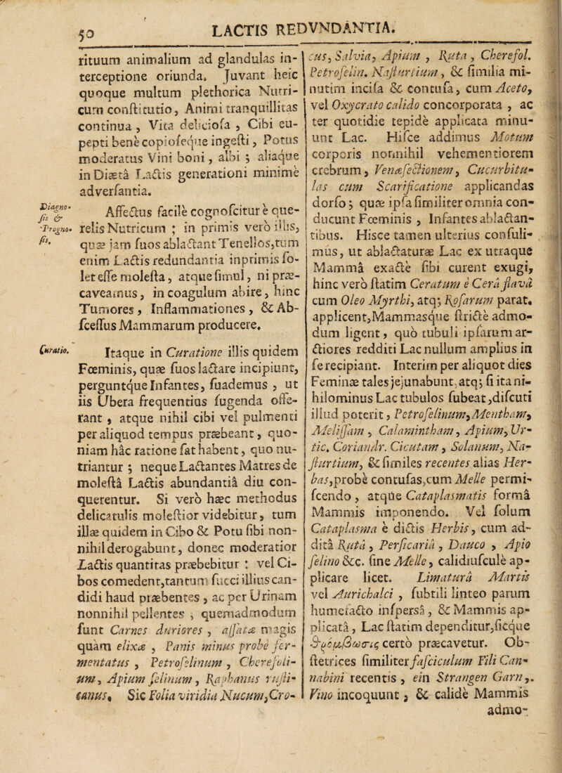 Diacno* Jis & ''Promo• O fo. Curatio. LACTIS REDVNDANTIA. rituum animalium ad glandulas in¬ terceptione oriunda* juvant hesc quoque multum plethorica Nutri¬ cum conftitutio, Animi tranquillitas continua , Vita delieiofa , Cibi eu~ pepti bene copiofeque ingefti , Potus moderatus Vini boni, albi , aliaque inDi^ta Laais generationi minime adverfantia. AfTedus facile cognofcitur e que¬ relis Nutricum ; in primis vero illis, qua- jam fuosablaflantTeneIlos5tum enim La&is redundantia inpnrms Io¬ le teffe molefta, atque fimo!, ni prae¬ caveamus, in coagulum abire, hinc Tumores, Inflammationes , &C Ab- fceffus Mammarum producere. Itaque in Curatione illis quidem Foeminis, quae fuos ladare incipiunt, perguntque Infantes, fuademus , ut iis IJbera frequentias lugenda ode¬ rant j atque nihil cibi ve! pulmenti per aliquod tempus praebeant, quo¬ niam hic ratione fat habent, quo nu¬ triantur , neque Ladantes Matres de moleft! La&is abundanti! diu con- querentur. Si vero haec methodus delicatulis moleftior videbitur, tum illae quidem in Cibo & Potu fibi non¬ nihil derogabunt, donec moderatior Xa&is quantitas praebebitur : vel Ci¬ bos comedent,tantum fucci illius can¬ didi haud praebentes , ac per Urinam nonnihil pellentes > quemadmodum funt Carnes duriores , affata magis quam elixa , Panis minus probe fer¬ mentatus , Petroffelinum , Cherefoli- sim 3 Apium felinum, Paphanus ™ftim unus* Sic Folia viridia Nucum} Oro- cusi Salvia 7 Apium , Ruta , Cherefol. Petroffelin. Nafiuriium > & fimilia rni- nutim incila &• contufa, cum Aceto y vel Oxycrato calido concorporata , ac ter quotidie tepide applicata minu¬ unt Lac. Hifce addimus Motum corporis nonnihil vehementiorem crebram, Venafe&ionem, Cucurbita- las cum Scarificatione applicandas dorfo} qua* ipra fimiliter omnia con¬ ducunt Fceminis , Infantes abla&an- tibus. Hisce tamen ulterius confidi¬ mus, ut abla&aturae Lac ex utraque Mamma exafte fibi curent exugi, hinc vero ftatim Ceratum e Cera flava cum Oleo Myrthi, atq; pofarum parat. applicent,Mammasque firi&e admo¬ dum ligent, quo tubuli ip larumar¬ diores redditi Lac nullum amplius in fe recipiant. Interirn per aliquot dies Feminae tales jejunabunt, atq*, fi ita ni¬ hilominus Lac tubulos fubeat,difcuti illud poterit, ? et roffe linum 7 Mentham * Aleliffam , Calaminiham, Apium>Ur- tic> Coriandr. Cicutam, Solanum, Na- fturtium, &furules recentes alias Her¬ bas, probe contufas^cum Melie permi- fcendo , atqOe Cataplasmatis forma Mammis imponendo. Vel folum Cataplasma e di£tis Herbis, cum ad¬ dit! puta , Perficaria , Dauco > Apio Jelinotkc. fine Meile, calidmfcule ap¬ plicare licet. Limatura Manis vci Aurichalci , fubtili linteo param hunieiado infpersa, & Mammis ap¬ plicata , Lac flatim dependiturfllcque certo praecavetur. Ob- fletrices fimiliter fafciculum Fili Can¬ nabini recentis , ein Strangen Garn Vino incoquunt, &C calide Mammis admo-