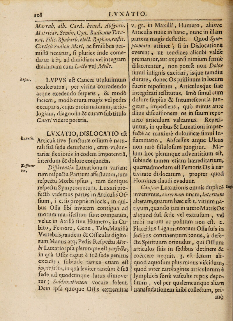 Marrnb. alb* Card. bened, Abfynth. Mat r icar, Semin, Cynt Radicum Tara- &cac> Filic. Bjpabarb, eleB. Faphanjuftu, Corticis radicis Mori, ac fimilibus per- mifta necatur, fi pluries inde come¬ datur a 9j. ad dimidiam vel integram drachmam cum La&e vel Melie. LVPVS eft Cancer utplurimum exulceratus , per vicina corrodendo atque exedendo ferpens , fk. modo faciem , modo crura magis vd pedes occupans, cujus proin naturam, aetio¬ logiam, diagoofin &£ curam fub titulo Cancri videre poteris, LVXATIO, DISLOCATIO eft u*A1t0' Articuli live Jim&urae oillum e natu¬ rali fua fede cie turbatio, eam volun¬ tariae flexionis in eodem impotentia, interdum & dolore conjuncta* Differentia Luxationum variant tum refpeda Partium affedaram,tum refpedu Morbi ipfius , tum denique refpedu Symptomatum, Luxari pro¬ fecto videmus partes in Articulis OP fium, i. e, iis proprie in locis, in qui¬ bus Offa fibi invicem contigua ad motum ma n i fe (i u rn fu at coni para ta, velut in Axilla five Humero, in Cu¬ bito , Femore, Genu, Talo,Maxilla Vertebris,tandem & Officulis digito¬ rum Manus atq; Pedis-Refpedu A/^r- bi Luxatio ipfa plerunque eft perfeBa, in qui Offis caput e fua fede penitus excidit , fubsade tamen etiam eft imperfe&a/m qua leviter tantum e fui fede ad quodcunque latus dimove¬ tur *, Subluxationem vocare folent. Dem ipfa quoque Ollis exuigrfttas v4 gr. in Maxilla, Humero, aliisve Articulis nunc in hanc, nunc in illam partem magis defle&it. Quod Syw ptomata attinet fi in Dislocatione eveniat > ut tendines alicubi valde premantur,aut expanfi nimium ferme dilacerentur, non poteft non Dolor fimul infignis excitari, isque tamdiu durare, donec Os priftinum in locum fuerit repofitum , Articulusque fuae integritati reftitutus. Imo fimul cum dolore fepiiis & Intumefcentia jun¬ gitur , impediens , quo minus ante illius difcuftionem os in fuum repo¬ nere articulum valeamus, Reperi- untur, in quibus & Luxationi imper¬ fecte ac maxime dolorificae fimul In* flammario , Abfceffus atque Ulcus non raro fiftulofum jungitur. Ma¬ lum hoc plerunque adventitiam eft, fubinde tamen etiam haereditarium, quemadmodum eft Femoris Os a na¬ tivitate dislocatum , propter quod Homines claudi evadunt. Caujam Luxationis omnis duplice Caui invenimus, externam unam, internam alteram,quarum haec eft i. vitium na¬ tivum,quando jam in uteroMatrisOs aliquod fui fede vel extrulum , vel inibi natum ac politum non eft, 2. Flaccidus Ligamentorum Offa fuis in fedibus continentium tonus, a defe- da Spirituum oriundus, qui Oflium articulos fuis in fedibus detinere & coercere nequit, 3. eft ferum ali¬ quod aquofum plus minus vifcidum, quod inter cartilagines articulorum e lymphids forte vafcuiis ruptis depo- fitum , vel per qualemcunque aliam traasfudationem inibi colledum, pri*