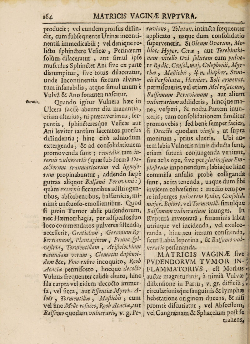 turario. i4 MATRICIS VAGINAE RVPTVRA* producit; vel eundem prorfus diffin¬ dit, cum fubfequente Urinae inconti¬ nentia immedicabili; vel denique re* li&o fphin&ere Veficae , Perinaeum folum dilaceratur , aut fi mu! ipfe mufculus Sphindcr Ani five ex parte disrumpitur, five totus dilaceratur, unde Incontinentia feecum alvina¬ rum infanabiiis, atque fimulunume Vulva & Ano foramen nafcitur. Quando igitur Vulnera haec in Ulcera facile abeunt drn manantia, etiam ulterius, ni praecaverimus, fer* pentia 3 fphinftaesque Veficae aut Ani leviter tantum laceratos prorfus diffindentia j hinc cito admodum extergenda, & ad confohdaticnem promovenda funt; remediis tam in¬ ternis vulnerariis (quae fub forma Be- coBorum traumaticorum vel lignoso¬ rum propinabuntur , addendo faepe guttas aliquot Balfami Feruviani:) quam externis ficcantibusadflringen- tibus, abforbentibus, balfamicis, mi* aiime un&uofo-emol!ientibus. Quod fi proin Tumor abiit pudendorum, nec Haemorrhagia, per adfperfosfuo loco commendatos pulveres fiftenda, accefferit, Gratiolam , Geramuml\o- b er t i anum], Flant aginem , Fruna Jyl- vejlria, Tormentillam , Arijlolochiam rotundam veram , Clematin daphnoi- dem &c« Vino rubro incoquito, Roob Acacia permifceto , hocque decoBo Vulnus frequenter calide eluito, hinc fila carpta vel eidem deco&o irrimer- fa, vel ficca, aut Effentia Myrrb, A- loes s Torment ilice , Mafiicbis , cum vel finz Melie rofaceo, Roob Acacia,aut Balfamo quodam vulnerario, v. g« Fe- i ruviano, Tolutari, intin&a frequenter applicato , usque dum confolidatio fupeivenerit. Si Oleum Ovorum, Me- liloti Hyper♦ Cera , aut Terebinthi¬ nam vitello Ovi folutam cum pulve¬ re Radie, ConfoLmaj♦ Colophonii, Myr¬ rha , Maftichis, £ n* diaphor• Semi¬ nis Fer foliata, Herniar♦ Boli armenat♦ permifcueris; vel etiam Mei tofaceum, Balfarnum Feruvianum , aut alium vulnerarium addideris, hincque ma¬ ne, vefperi, & no£hi Partem inun¬ xeris, tum confolidationem fimiliter promovebis ^ fed bene femper facies3 ii DecoBo quodam vinofo , ut fupra monitum , prius elueris-, Ubi au- » tem labia Vulneris nimis didufta funt, | etiam futura conjungenda veniunt,' five acus ope, five per glutinofum Em- plaftrum imponendum j labiaque hinc commiffa anfulis probe colliganda funt, ac ita tenenda, usque dum fibi invicem cohseferint : medio tempo¬ re infperges pulverem Radie* Confolid• 1 major. Bifiort, vel Tormentill. fimuique 1 Balfamumvulnerarium inunges. In Rupturi inveterati * foraminis labia utrinque vel incidenda, vel exulce- *! raoda , hinc acu iterum confuenda, ficut Labia leporina , Sc Balfamo vul¬ nerario per fananda. MATRICIS VAGINAE five a PVDENDORVM TVMOR IN- [’ FLAMMATORIVS , eft Morbus r.ii ' au flas magnitudini?, a qimia Vulvae diftenfione in Partu, v. gr. difficili, t circulationisque fanguinis & lymphae I hebetatione originem ducens, &nifi I promte difeutiatur , ve! Abfceffum, vel Gangraenam & Sphacdum pofi fe trahens*