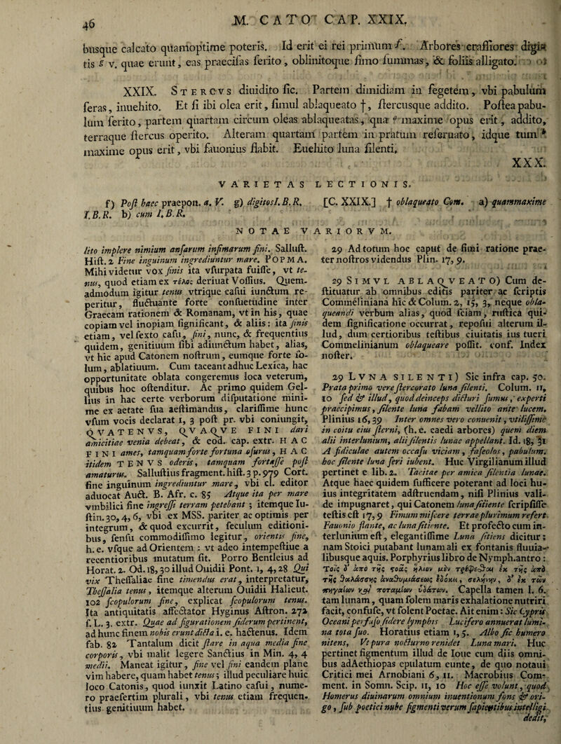 X/L CATQT GAP. XXIX. busque calcato quamoptime poteris. Id erit ei rei primum /. Arbores craffiores eligi* tis £ v. quae erunt, eas praecifas ferito, obiinitoque flmo luminas, Ac foliis alligato. XXIX. Stercvs diuldito fic. Partem dimidiam in fegetem, vbi pabulum feras, inuehito. Et fi ibi olea erit, fimul ablaqueato f, flercusque addito. Pofieapabu¬ lum ferito, partem quartam circum oleas ablaqueatas, quar ? maxime opus erit, addito, terraque fiercus operito. Alteram quartam partem iu pratum referuato, idque tum * maxime opus erit, vbi fauonius flabit. Eueliilo luna fllentfi ; < * XXX. VARIETAS LECTIONIS. f) Poft haec praepon. a. Vg) digitosl. B. R. I B. R. b) cum I, B. R, NOTAE V lito implere nimium anfarum infimarum fini. Salluft. Hift.2 Fine inguinum ingrediuntur mare. POPMA. Mihi videtur vox finis ita vfurpata fuifle, vt te- HUf, quod etiam ex tsaoq deriuat Voflius. Quem¬ admodum igitur tenus vtrique cafui iun&um re- peritur, flu&uante forte confuetudine inter Graecam rationem Ac Romanam, vt in his, quae copiam vel inopiam fignificant, Ac aliis: ita finis etiam, velfexto cafu, fini, nunc, & frequentius quidem, genitiuum fibi adiimclum habet, alias, vt hic apud Catonem noftrum, eumqtie forte ib- lum, ablatiuum. Cum taceant adhuc Lexica, hac opportunitate oblata congeremus loca veterum, quibus hoc oftenditur. Ac primo quidem Gel¬ lius in hac certe verborum difputatione mini¬ me ex aetate fua aeftimandus, clariflime hunc vfum vocis declarat 1, 3 poft pr. vbi coniungit, o V A T E N V s , (^V A <^V E FINI dari amicitiae venia debeat, & cod. cap. extr. HAC FINI ames, tamquam forte fortuna e f urus, HAC itidem T E N V S oderis, tamquam fortajje poft amaturus, Salluftius fragment. hift. 3 p. 979 Cort. fine inguinum ingrediuntur mare, vbi cl. editor aduocat Audi. B. Afr. c. Atque ita per mare vmbilici fine ingrejfi terram petebant ; itemque Iu- ftin.30,4,6, vbi ex MSS. pariter ac optimis per integrum, Ac quod excurrit, feculum editioni¬ bus, fenfu commodifTnno legitur, orientis fine9 h. e. vfque ad Orientem : vt adeo intempeftiue a recentioribus mutatum fit. Porro Bentleius ad Horat. 2. Od. 18,50 illud Ouidii Pont. 1, 4,28 Qut vix Thefialiae fine timendus erat, interpretatur, Thejjalia tenus, itemque alterum Ouidii Halieut. 102 fcopulorum fine, explicat fcopulorum tenus. Ita antiquitatis afte&ator Hyginus Aftron. 27» f. L. 3. extr. Quae ad figurationem fiderum pertinent, ad hunc finem nobis erunt ditia i. e. hadienus. Idem fab. 82 Tantalum dicit ftare in aqua media fine corporis, vbi malit legere Sandlius in Min. 4, 4 medii. Maneat igitur, fine vel fini eandem plane vim habere, quam habet tenus; illud peculiare huic loco Catonis, quod iunxit Latino cafui, nume¬ ro praefertim plurali, vbi tenus etiam frequen. tius- genitiuum habet. [C. XXIX.] f oblaqueato Cotn, a) quamtnaxime A R 1 O R v M. 29 Ad totum hoc caput de fimi ratione prae¬ ter noftros videndus Plin. 17,9. < . • : -4 29S1MVL A B L A c^v E A T O) Cum de- ftituatur ab omnibus editis pariter ac feriptis Commeliniana hic Ac Colum. 2, 15, 3, neque obla¬ queandi verbum alias, quod fciam, ruftica qui¬ dem fignificatione occurrat, repofui alterum il¬ lud, dum certioribus teftibus ciuitatis ius tueri Commelinianum oblaqueare polfit. eonf. Index nofter. 29 L V N A SILENTI) Sic infra cap. 50. Prata primo vereftercorato luna filenti. Colum. 11, io fed illud, quod deinceps ditiuri fumusexperti praecipimus, filent e luna fabam vellito ante'lucem, Plinius 16,39 Inter omnes vero conuenit, vt ili (fime in coitu eius fterni, (h.e. caedi arbores) quem diem alii interlunium, aliiJilentis lunae appellant. Id. 18, 3* A fidiculae autem occafu viciam, fafeo/os, pabulum, hoc filente luna feri iubent. Huc Virgilianum illud pertinet e lib. 2. Tacitae per amica filentia lunae. Atque haec quidem fufficere poterant ad loci hu¬ ius integritatem adftruendam, nifi Plinius vali¬ de impugnaret, qui Catonem lunafitiente fcripfilfe teftis eft 17? 9 Finium mifcere terrae plurimum refert Fauonio flante, ac lunafitiente. Et profedlo cum in¬ terlunium eft, elegantiflime Luna fitiens dicitur; nam Stoici putabant lunam ali ex fontanis fluuia-* libusque aquis. Porphyrius libro de Nymph.antro : Toi<i hero ryt; soccs tjAiov uev sx rij; initii r>it HothciGGnQ cnvoc%u.nxffeoot; edoxH , ffeAyvyv, S* tx ruv myaiav yj/j iroTccplav Cbaruv. Capella tamen 1. 6. tam lunam, quam folem maris exhalatione nutriri facit, confufe, vt folent Poetae. Ait enim: Sic Cypris Oceaniperfufo fidere lymphis Lucifero annuerat lumi¬ na tota fuo. Horatius etiam r, 5. Albo fic humero nitens, Vt pura notiurno renidet Luna mari. Huc pertinet figmentum illud de Ione cum diis omni¬ bus adAethiopas epulatum eunte, de quo notaui Critici mei Arnobiani 6, 11. Macrobius Com- ment. in Somn. Scip. 11, 10 Hoc effe volunt, quod. Homerus diuinarum omnium inuentionum fons & ori¬ go , fub poetici nube figmenti verum fapietftibus mtelligi dedita