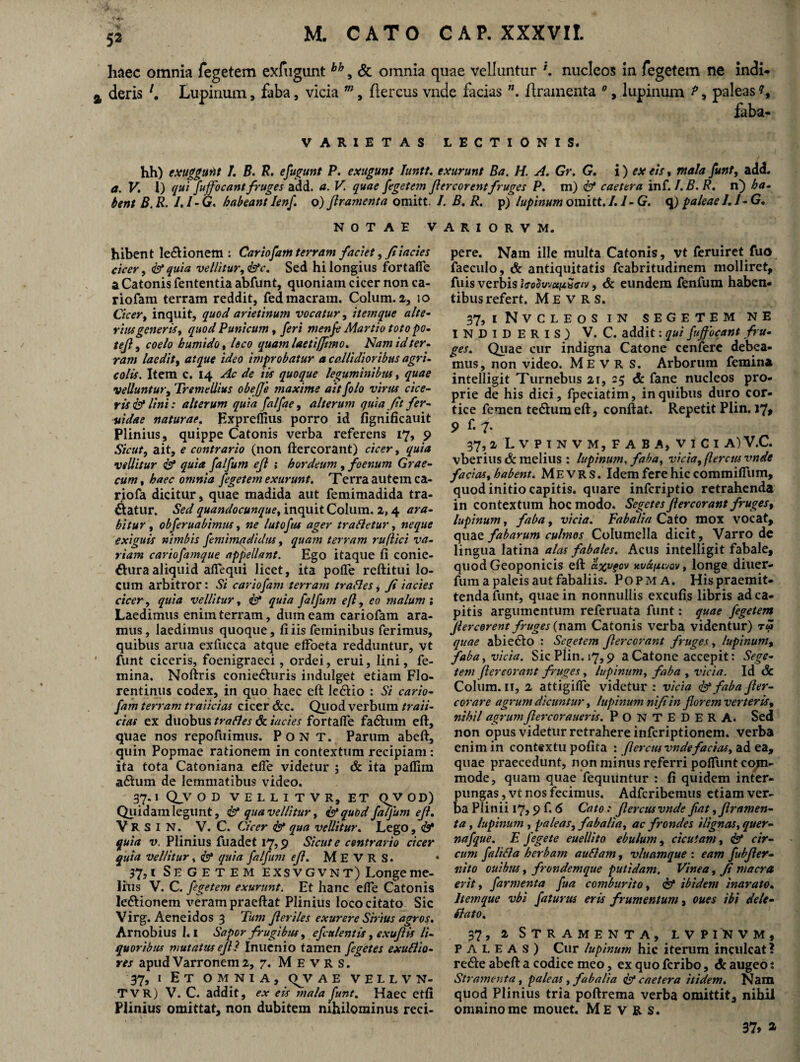 haec omnia fegetem exfugunt bh, & omnia quae velluntur f. nucleos in fegetem ne indi- deris 1. Lupinum, faba, vicia m, flercus vnde facias flramenta 0, lupinum ?, paleas 7, faba- VARIETAS LECTIONIS. hh) exuggunt I. B. R. efugunt P. exugunt Iantt. exurunt Ba. H. A. Gr. G. i) ex eis, mala funt, add, a. V. I) qui fu Jocant fruges add. a. V. quae fegete?n Jiercorent fruges P. m) & caetera inf. I. B. R. n) ha¬ bent B.R. /. I-G. habeant Ienf. o) flramenta omitt. /. B. R. p) lupinum omitt.7. 1- G. q) paleae J. I-G, NOTAE VARIORVM. hibent legionem : Cariofam terram faciet, fiiacies cicer, & quia vellitur, id c. Sed hi longius fortafie a Catonis fententia abfunt, quoniam cicer non ca- riofam terram reddit, fed macram. Colum. 2, io Cicer, inquit, quod arietinum vocatur, itemque alte¬ rius generis, quod Punicum, feri menfe Martio toto po- tefti coelo b umido, leco quamlaetiffnno. Nam id ter¬ ram laedit, atque ideo improbatur a callidioribus agri¬ colis. Item c. 14 Ac de iis quoque leguminibus, quae velluntur, Tremellius obefje maxime ait folo virus cice¬ ris & lini: alterum quia falfae, alterum quia Jit fer¬ vidae naturae, Hxpreffius porro id fignificauit Plinius, quippe Catonis verba referens 17, 9 Sicut, ait, e contrario (non ftercorant) cicer, quia vellitur id quia falfum efl ; hordeum, f oenum Grae¬ cum , haec omnia fegetem exurunt. Terra autem ca- riofa dicitur, quae madida aut femimadida tra¬ datur. Sed quandocunque, inquit Colum. 2,4 ara¬ bitur, obferuabimus, ne lutofus ager tradetur, neque exiguis nimbis femimadidtts, quam terram ruflici va¬ riam cariofamque appellant. Ego itaque fi come¬ stura aliquid alTequi licet, ita pofle reftitui lo¬ cum arbitror: Si cariofam terram trables, fi iacies cicer, quia vellitur, id quia falfum efl, eo malum ; Laedimus enim terram, dum eam cariofam ara¬ mus, laedimus quoque, fi iis feminibus ferimus, quibus arua exfucca atque effoeta redduntur, vt funt ciceris, foenigraeci, ordei, erui, lini, fe¬ mina. Noftris conie&uris indulget etiam Flo¬ rentinus codex, in quo haec eft ledtio : Si cario¬ fam terram traiicias cicer &c. Quod verbum traii- cias ex duobus trabies & iacies fortafie fa£him eft, quae nos repofuimus. Pon T. Parum abeft, quin Popmae rationem in contextum recipiam: ita tota Catoniana efie videtur ; & ita paflim a&um de lemmatibus video. 37.1 Q_V O D VELLI TVR, ET <VV OD) Quidam legunt, id qua vellitur, & quod falfum efl, V R S I N. V. C. Cicer id qua vellitur. Lego, id quia v. Plinius fuadet 17,9 Sicut e contrario cicer quia vellitur, id quia falfum ejl. M E V R S. 37.1 SE GET EM EXSVGVNT) Longe me¬ lius V. C. fegetem exurunt. Et hanc efie Catonis leftionem veram praeftat Plinius loco citato Sic Virg. Aeneidos 3 Tum Jleriles exurere Sbius agros. Arnobius 1.1 Sapor frugibus, efculentis > exujlis li¬ quoribus mutatus ejll Inucnio tamen fegetes exublio- res apud Varronem 2, 7. M E v R s. 37, I Et OMNIA, (VV AE VELLVN- TVR) V. C. addit, ex eis mala funt. Haec etfi Plinius omittat, non dubitem nihilominus reci¬ pere. Nam ille multa Catonis, vt feruiret fuo faeculo, & antiquitatis fcabritudinem molliret, fuis verbis IffodwcttzSeiv , & eundem fenfum haben¬ tibus refert. M E v R s. 37, iNvCLEOS IN SEGETEM NE INDIDERIS) V. C. addit: qui fujfocant fru¬ ges. Quae cur indigna Catone cenfere debea¬ mus, non video. Me v R s. Arborum femina intelligit Turnebus 21, 25 <5: fane nucleos pro¬ prie de his dici, fpeciatim, in quibus duro cor¬ tice femen te&umeft, conftat. Repetit Plin. 17* 9 f. 7. 37, 2 L V P I N V M, F A B A, V I C I A) V.C. vberius & melius : lupinum, faba, vicia, flercus vnde facias, habent. M E V R S. Idem fere hic commifium, quod initio capitis, quare infcriptio retrahenda in contextum hoc modo. Segetes Jlercorant fruges, lupinum, faba, vicia. Fabalia Cato mox vocat, quae fabarum culmos Columella dicit, Varro de lingua latina alas fabales. Acus intelligit fabale, quod Geoponicis eft a%vfov «t/unuov, longe diuer- fum a paleis aut fabaliis. Popma. His praemit¬ tenda funt, quae in nonnullis excufis libris ad ca¬ pitis argumentum referuata funt: quae fegetem Jiercorent fruges (nam Catonis verba videntur) r$ quae ab i e 61 o : Segetem Jlercorant fruges, lupinum, faba, vicia. Sic Plin. 17,9 a Catone accepit: Sege¬ tem jlercorant fruges, lupinum, faba , vicia. Id & Colum. 11, 2 attigifie videtur : vicia id faba Jler- corare agrum dicuntur, lupinum nifitn jlorejn verteris, nihil agrum fler cor aneris. PONTEDERA. Sed non opus videtur retrahere infcriptionem. verba enim in contextu pofita : flercus vnde facias, ad ea, quae praecedunt, non minus referri pofiunt com¬ mode, quam quae fequuntur : fi quidem inter¬ pungas , vt nos fecimus. Adfcribemus etiam ver¬ ba Plinii 17,9 f. (S Cato: flercus vnde fat, Jlramen- ta , lupinum , paleas, fabalia, ac frondes ilignas, quer- nafque. E J'egete euellito ebulum, cicutam, id cir¬ cum f alibi a herbam aublam, vluamque : eam fubfler- nito ouibjts, frondemque putidam. Vinea, fi macra erit, /armenta fua comburito, id ibidem inarato. Itemque vbi faturus eris frumentum, oues ibi dele¬ gato. 37, 2 Stramenta, lvpinvm, PALEAS) Cur lupinum hic iterum inculcat ? re6te abeft a codice meo, ex quo fcribo, & augeo i Stramenta, paleas, fabalia & caetera itidem. Nam quod Plinius tria poftrema verba omittit, nihil omnino me mouet. Me v B. s. 37» *