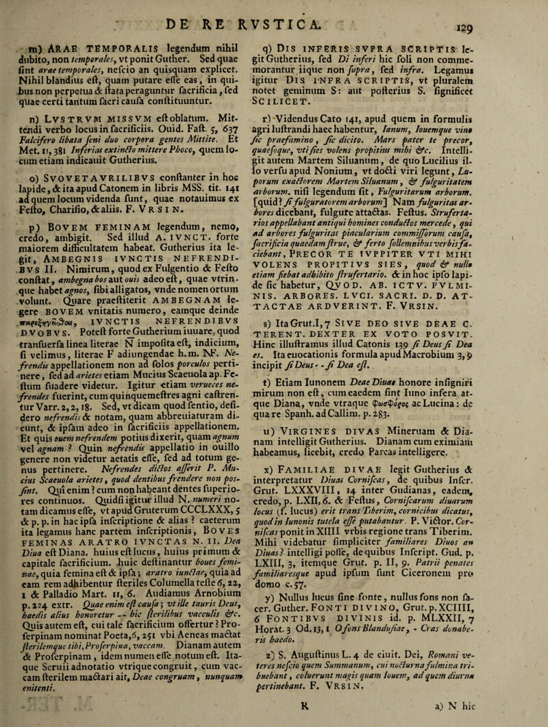 129 m) ARAE TEMPORALIS legendum nihil dubito, non temporales, vt ponit Guther. Sed quae fint arae temporales, nefcio an quisquam explicet. Nihil blandius eft, quam putare effe eas, in qui¬ bus non perpetua & ftata peraguntur facrificia, fed quae certi tantum facri caufa conftituuntur. n) Lvstrvm missvm eft oblatum. Mit¬ tendi verbo locus in facrificiis. Ouid. Faft. 637 Falcifero libata feni duo corpora gentes Mittite. Et Met. 11,381 Inferias extintto mittere Phoco, quem lo¬ cum etiam indicauit Gutherius. o) SVOVETA VRILIBVS conftanter in hoc lapide, <5: ita apud Catonem in libris MSS. tit. 141 ad quem locum videnda funt, quae notauimus ex Fefto# Charifio, & aliis. F. Vr S 1 N. p) Bovem feminam legendum, nemo, credo, ambigit. Sed illud A. ivnct. forte maiorem difficultatem habeat. Gutherius ita le¬ git, Ambegnis ivnctis nefrendi- Bvs II. Nimirum, quod ex Fulgentio & Fefto conflat, ambegna bos aut ouis adeo eft, quae vtrin* que habet agnos, fibi alligatos, vnde nomen ortum volunt. Quare praeftiterit ambegnam le¬ gere BOVEM vnitatis numero, eamque deinde , IVNCTIS NEFRENDIBVS DVoBVS. Poteft forteGutherium iuuare, quod tranfuerfa linea literae N impolita eft, indicium, fi velimus, literae F adiungendae h.m. 1\F. Ne- frendis appellationem non ad folos porculos perti¬ nere , fed ad arietes etiam Mucius Scaeuola ap. Fe¬ lium fuadere videtur. Igitur etiam verueces ne- frendes fuerint, cum quinquemeftres agni caftren- tur Varr. 2,2,18. Sed, vt dicam quod fentio, defi- dero nefrendis & notam, quam abbreuiaturam di¬ cunt, & ipfam adeo in facrificiis appellationem. Et quis ouem nefrendem potius dixerit, quam agnum vel agnam ? Quin nefrendis appellatio in ouillo genere non videtur aetatis effe, fed ad totum ge¬ nus pertinere. Nefrendes diflos ajferit JP. Mu¬ cius Scaeuola arietes, quod dentibus frendere non pos- Jint. Qui enim ? cum non habeant dentes fuperio- res continuos. Qiiidfi igitur illud N. numeri no¬ tam dicamus effe, vt apud Gruterum CCCLXXX, $ & p. p. in hac ipfa infcriptione & alias ? caeterum ita legamus hanc partem infcriptionis, Boves FEMINAS ARATRO IVNCTAS N. II. Dea Diua eft Diana, huius eft lucus, huius primum & capitale facrificium. huic deftinantur boues femi¬ nae, quia femina eft & ipfa; aratro iunttae, quia ad eam rem adhibentur fteriles Columella tefte 6,22, 1 & Palladio Mart. ir, 6. Audiamus Arnobium p. 224 extr. Quae enim eft caufa; vt ille tauris Deus, haedis alius honoretur -- hic fterilibus vacculis &c. Quis autem eft, cui tale facrificium offertur ? Pro- ferpinam nominat Poeta,6, 251 vbi Aeneas madlat fterilemque tibi, Proferpina, vaccam. Dianam autem & Proferpinam , idem numen effe notum eft. Ita¬ que Seruiiadnotatio vtrique congruit, cum vac¬ cam fterilcm ma&ari ait. Deae congruam, nunquam enitenti. q) DlS INFERIS SVPRA SCRIPTIS le¬ git Gutherius, fed Di inferi hic foli non comme¬ morantur iique non fupra, fed infra. Legamus igitur Dis infra scriptis, vt pluralem notet geminum S: aut pofterius S. fignificet Scilicet. r) Videndus Cato 141, apud quem in formulis agri luftrandi haec habentur, Ianum, Iouemque vine fte praefamino, Jic dicito. Mars pater te precor, quaefoque, vtifies volens propitius mihi 1£fc. Intelli- git autem Martem Siluanum, de quo Lucilius il¬ lo verfu apud Nonium, vtdo&i viri legunt, Lu¬ porum exa flor em Martem Siluanum, & fulgur it at em arborum. nili legendum fit, Fulguritarum arborum. [quid ? ft fulguratorem arborum] Nam fulguritas ar¬ bores dicebant, fulgure atta&as. Feftus. Struferta- rios appellabant antiqui homines conduHos mercede, qui ad arbores fulguritas piacularium commifforum caufa, facrificia quaedam firue, <&* ferto follemnibus verbisfa- ciebant, PRECOR TE TVPPITER VTI MIHI VOLENS PROPITIVS SIES, quod & nullo etiam fiebat adbibito firufertario. <5c in hoc ipfo lapi¬ de fic habetur, Qvod. ab. ictv. fvlmi- NIS. ARBORES. LVCI. SACRI. D. D. AT¬ TACTAE ARDVERINT. F. VRSIN. s) ItaGrut.1,7 Sive deo sive deae c. TERENT. DEXTER EX VOTO POSVIT. Hinc illuftramus illud Catonis 139 fi Deus fi Dea es. Ita euocationis formula apud Macrobium 3,9 incipit fi Deus - - Ji Dea efi. t) Etiam Iunonem DeaeDiuat honore infigniri mirum non eft, cum eaedem fint luno infera at¬ que Diana, vnde vtraque (pw<r(po'fo$ ac Lucina: de qua re Spanh. ad Callim. p. 283. 11) Virgines divas Mineruam & Dia¬ nam intelligit Gutherius. Dianam cum eximiam habeamus, licebit, credo Parcas intelligere. x) Familiae divae legit Gutherius & interpretatur Ditias Cornifcas, de quibus Infer. Grut. LXXXVIII, 14 inter Gudianas, eadem, ■credo, p. LXII,6. & Feftus, Cornifcarum diuarum locus (f. lucus) erit trans Tiberim, cornicibus dicatus, quod in Junonis tutela ejje putabantur. P. Vi&or. Cor- nifcas ponit in XIIII vrbis regione trans Tiberim. Mihi videbatur fimpliciter familiares Diuos an Diuasl intelligi poffe, de quibus Infcript. Gud. p. LXIII, 3, itemque Grut. p. II, 9. Patrii penates fami liare seque apud ipfum funt Ciceronem pro domo c. 57. y) Nullus lucus fine fonte, nullus fons non fa- cer. Guther. Fonti divino, Grut.p.XCIIII, 6 Fontibvs divinis id. p. MLXXII, 7 Horat. 3 Od. 13,1 Ofons Blandufiae , - Cras donabe¬ ris haedo. z) S. Auguftinus L. 4 de ciuit. Dei, Romani ve¬ teres nefcio quem Summanum, cui noflurna fulmir.a tri¬ buebant , coluerunt magis quam Iouem, ad quem diurna pertinebant. F. VRSIN. K a) N hic