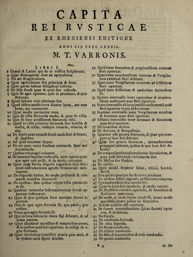 CAPITA REI RVSTICAE EX RHEGIENSI EDITIONE *• ANNI CID CCCC LXXXII. M. T. VARRONIS. LiBri I. t Graeci & Latini qui de re ruftica fcripferunt,, a Quae disiungenda funt ab agricultura. 3 Vti ars fit agricultura. 4 Quae agriculturae fint principia & fines. 5 Quot partes habeat difciplinae cultura. 6 De folo fundi quae & quot fint videnda. 7 Quis fit ager optimus, quis ei proximus, & quis deinceps. % Quod fpecies viris plurimae fint. 5> Quod tribus modis terra dicatur bona, aut non bona, aut communis. 10 Quot modis metiantur rura. 11 Quo fit villa ftatuenda modo, & quae in villa. 12 Quo fit loco potiflimum ftatuenda vilia. 13 Quod in villa primitus faciunda fint bubilia & ouilia, & cellae, vafaque vinaria, olearia, & alia. 14 De Leptis quae tutandi fundi caufa fieri debeant, & qualiter. 15 Ad quid inuentae faepes. 16 De eis quae extra fundum commoda fiant aut incommoda. 17 Quibus rebus agri colantur. 18 De numero familiae rufticalis, quot operis quis¬ que ager coli poflif, & de. modo cuiusque. 19 Quot iuga 'boum fingulis iugeribus fatis fint; quod inftrumentum agrefte femiuocale nun¬ cupetur. 10 De eligendis bubus, de modo probandi & edo¬ mandi nouellos iuuencos. 11 De canibus: fine quibus vtique villa parum tu¬ ta fit. 12 Qualiter vniuerfus inftrumentornm fundi ap¬ paratus inftituatur. 13 Quae & quo quidque loco maxime ferere 0- porteat. 14 Olea in quo agro ferunda fit, qua parte, quo ordine. 25 Vinea quo agro ferunda fit. 16 Quo in loco ridicae in vinea figi debeant, & ad quam partem. 17 Quot diuidatur menfibus& temporibus annus, & in quibus quid feri oporteat, ac colligi de a- gro feminata. 28 Quot dies habeat quaelibet quarta pars anni, & in quibus caeli fignis intrent. 2$) Qiiid inter fatiomumd aequinodfium vernum fieri oporteat. 30 Quae inter aequino&ium vernum & Vergilia¬ rum exortum fieri debeant. 31 Quae inter Vergiliarum exortum adfolftitium fieri oporteat. 32 Quid inter folftitium & caniculam faciundiim fit. 33 Quinto interuallo inter caniculam & aequino¬ ctium auCtumni quae fieri oporteat. 34 Sexto interuallo ab aequinoctio auChimnali quid fieri oporteat vsque ad brumam. 3J Septimo interuallo inter Vergiliarum occafum & brumam quae fieri oporteat. 36 OCtauo interuallo inter brumam & fauonium quae fieri oporteat. 37 De lunaribus diebus. 38 De ftercore & fterquilinio. 39 Qiiatuor efle genera feminum, & quae quo tem* pore ac loco feri debeant. 40 Quae fint genera feminum , quemadmodum propagari debeant, quibus & quo loco feri de¬ beant. 41 De temporibus transferendorum furculorum, & quae poft lationem obferuanda fint. 42 De Melica feu Medica. 43 De cytifo. 44 Quot modii ferantur fabae, tritici, hordei, farris. 45 Sata quoto quaeque die de terra prodeant. 46 Ex quibus foliis cognofci pofiintanni tempora. 47 Quemadmodum fata tuenda fint. 48 Quae in fpica fint vocabula, &caufae eorum. 49 De frudibus maturis capiendis, de foenificiode ficilitione pratorum. 50 De meffe, & caufa huius vocabuK, quare mellis appellata, quare paleae ac flramenta. 51 Aream qualem efie oporteat. 52 In femen quemadmodum fpicas fecer-ni opor¬ teat, & detritura. 53 Deftipula. 54 De vindemia facienda. 55 De olea legenda. 56 De foeno condendo. 57 De tritico condendo. 58 De faba <k leguminibus & vuis condendis/ 59 De pomis condendis.