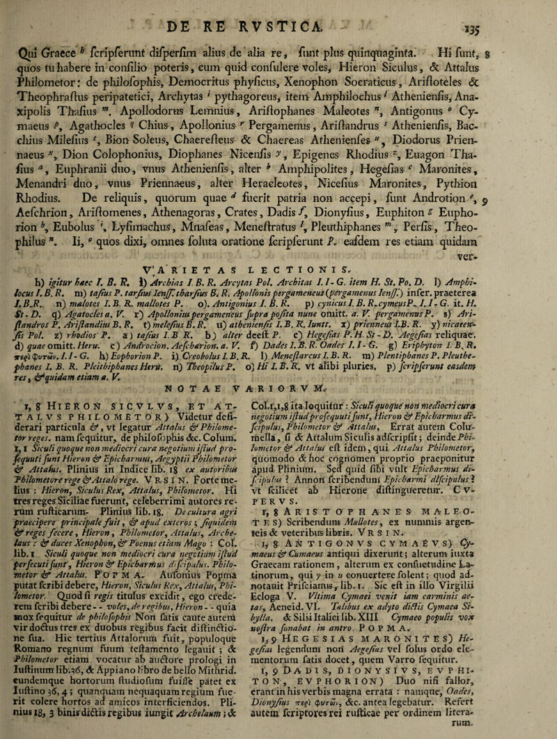 Qui Graece h fcnpferunt difperfim alius de alia re, funt plus quinquaginta. Hi funt, g quos tu habere in confilio poteris, eum quid corifulere voles, Hieron Siculus, & Attalus Philometor: de philofophis-, Democritus phyficus, Xenophon Socraticus, Arifloteles & Theophraflus peripatetici, Archytas ' pythagoreus, item Amphilochus1 Athenienfis, Ana- xipolis Thafius m. Apollodorus Lemnius, Ariftaphanes Maleotes ”, Antigonus 0 Cy¬ maeus P9 Agathocles ? Chius, Apollonius r Pergamenus, ArifkncJrus s Athenienfis, Bac¬ chius Milefius *9 Bion Soleus, Chaerefieus Si Chaereas Athenienfes u ? Diodorus Prien- naeus Dion Colophonius, Diophanes Nicenfis y, Epigenes Rhodius z, Euagon Tha- fius a3 Euphranii duo, vnus Athenienfis, alter h Amphipolites, Hegeilas r Maronites, Menandri duo, vnus Priennaeus, alter Heracleotes, Nicefius Maronites, Pythion Rhodius. De reliquis, quorum quae d fiierit patria non accepi, funt Androtion % 9 Aefchrion, Ariftomenes, Athenagoras, Crates, Dadis f9 Dionyfius, Euphiton s Eupho¬ rion b, Eubolus \ Lyfimachus, Mnafeas, Meneftratus l9 Pleuthiphanes m, Per/Is , Theo- philus Ii,e quos dixi, omnes foluta oratione fcriplerunt A eafdem res etiam quidam ver- V\ A R I E T A S LECTIONIS, h) igitur haec T. B. R, I) Archias I. B. R. Arcytas Pol. Architas I.I-G. item H. St. Po. D. I) Amphi- locus I. B. R. m) tajius P. tarftus lenjf.tharfius B, R. Apollonis psrgameneus(pcrgamentts lenjf.) infer, praeterea I.BJR+ n) malotes I. B R, mallotes P. o). Antigonius J. B.R. p) cynicus I. B. R.cymeusP*. 1.1- G. it. H. St - D. q) Agafoclesa. V. x) Apolloniuspergameneus fuprapofta nune oniitt. a. V. pergamenas P. s) Ari- (iandros P. Ari flandi tu B. R. t) melejius B. R. 11) athenienfis 1. B, R. Iuntt. x) prienneiu l.B. R. y) nicaeen- Jts Pol. z) rho di os P. a) tafius l.B R. b) alter dcelb P. c) Hegefias P. H. St - D. Aegejtas reliquae, d) quae omitt. Heru, c ) Androcion. Aefcharion. a. V. f) Dades I. B. R. Oades I.I-G. g) Eriphyton I. B. R, xegi (pvruv. I.I-G. h) Eophorion Pi) Creo holus I. B. R. I) Meneftarcus I. B. R. m) Plentiphanes P. Pleuthe- phanes I. B. R. Pleithiphanes Heru. n) TheopilusP. o) Hi I. B. R. vt alibi pluries, p) fer ipfer uni easdem res, & quidam etiam a. V. NOTAE V A R I © R V Mk i, 8“ Hieron s i c v l v s, et a t - TALVS PHILOMETOR) Videtur defi- derari particula &, vt legatur Attalus & Philome¬ tor reges, nam fequitur, de philofophis &c. Colum. I, I Siculi quoque non mediocri cura negotium iftud pro- fequuti funt Hieron <& Epicharmus, Aegyptii Philometor & Attalus. Plinius in Indice lib'. 18 ex au for ibus Philometore rege & Attalo rege. V RSI N. F orte me¬ lius : Hieron, Siculus Rex, Aftalus, Philometor. Hi tres reges Siciliae fuerunt, celeberrimi autores re¬ rum rufticarum- Plinius lib. ig. De cultura agri praecipere principale fuit, <&* apud exteros ; Jiquidem & reges fecere , Hieron, Philometor, Attalus, Arche¬ laus : <&* duces Xenophon, & Poenus etiam Mago : Coi. lib. I Siculi quoque non mediocri cura negotium iftud perfecutifunt, Hieron & Epicharmus difciputus. Philo¬ metor <& Attalus. P‘OP M A,- Aufonius Popma putat feribi debere, Hieron, Siculus Rex, Attalus, Phi¬ lometor. Quod (i regis titulus excidit, ego crede¬ rem feribi debere - - voles, de regibus, Hieron - - quia mox fequitur de philofophis Non fatis caute auteiU vir do&us tres ex duobus regibus facit diftindlio- ne fua. Hic tertius Attaiorutn fuit, populoque Romano regnum fuum teftamento fegauit ; & Philometor etiam vocatur ab au&ore prologi in Iuftiiiunr lib.q<5, & Appiano libro de bello Mitnrid. eundemque hortorum ftudiofum fuifle patet ex Iuftino 36,4; quanauam nequaquam regium fue¬ rit colere hortos ad amicos interficiendos. Pli¬ nius 18, 3 biniydi&is regibus i ungit Archelaum i dc Cotr,i,8 ita loquitur: Siculi quoque’non mediocri cura, negotium ifludprofequuti funt, Hieron & Epicharmus di- fcipufus, Philometor <pf Attalus, Errat autenti Colu¬ mella, fi & Attalum Siculis adfcripfit; deinde Phi¬ lometor & Attalus' eft idetn, qui Attalus Philometor, quomodo dchoc cognOmen proprio praeponitur apud Plinium. Sed quid fibi vult Epicharmus di- fipulus t Annpri feribendum Epicharmi dlfcipulusl vt fcilicet ab Hierone diftingueretur. Cv- p E R V s. r, 8 A R I S T O P H A N E S MALEO¬ TES) Scribendum Mallotes, ex nummis argen¬ teis & veteribus libris. V R s 1 N. rxi, 8 ANTIGONVS C Y M A E V S) Cy¬ maeus fy Cumaeus antiqui dixerunt; alterum iuxta Graecam rationem, alterum ex confuetudine La¬ tinorum, qui y in u conuertere folent; quod ad- notaoit Prifcianus, lib. 1. Sic eft in illo Virgilii Ecloga V. Vltima Cymaei venit 'tam carminis ae- taSy Aeneid. VL Talibus ex adyto di Ais Cymaea Si¬ bylla. & Silii Italici lib. XIII Cymaeo populis vox nojlra fonabat in antro. P O P M A* 1,9 HEGESIAS MARONI T E S) He- gejtui legendum noii Aegejtas Vel folus ordo ele¬ mentorum fatis docet, quem Varro fequitur. 1,9 Dadis, dionysivs, evphi- TON, EVPHORION) l)uO nifi fallof, erant in his Verbis magna errata : namque', Oades, Dionyfius neg) Qvtuv, &c. antea legebatur. Refert autem fcriptores rei rubricae per ordinem litera- nim.
