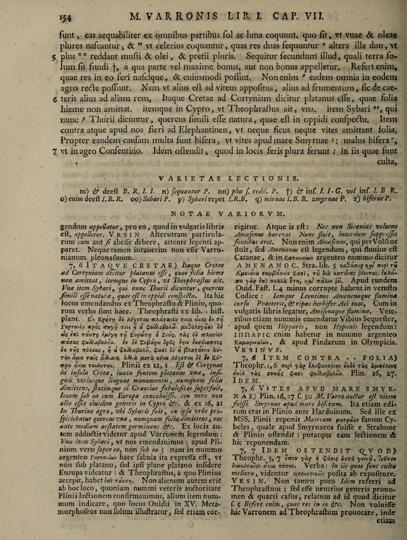 funt, eas aequabiliter ex omnibus partibus fol ac luna coquunt, quo fit, vt vitae & oleae plures nafcantur, & m vt celerius coquantur, quas res duas fequuntur n altera illa duo, vt 5 plus n n reddant mufti & olei, & pretii pluris. Sequitur fecundum illud, quali terra fo- Jum fit fundi j-, a qua parte vel maxime bonus, aut non bonus appelletur. Refert enim, quae res in eo feri nafcique, & cuiusmodi poffint. Non enim 0 eadem omnia in eodem agro re(fte poflunt. Nam vt alius eft ad vitem appofitus, alius ad frumentum, ficdecae- 6 teris alius ad aliam rem. Itaque Cretae ad Cortyniam dicitur platanus efife, quae folia hieme non amittat, itemque in Cypro, vt Theophraftus ait, vna. item Sybari 00, qui nunc P Thurii dicuntur, quercus fimili efie natura, quae eft in oppidi confpetftu. Item contra atque apud nos fieri ad Elephantinen, vt neque ficus neque vites amittant folia. Propter eandem caufam multa funt bifera, vt vites apud mare Smyrnae ?: malus bifera r, 7 vt in agro Confentino. Idem ofiendit, quod in locis feris plura ferunt : in iis quae funt ♦ culta, VARIETAS LECTIONIS. m) & deeft B. R. I. I. n) fequantut P. nn) plus f. redch P, f) <&* inf, I. I- G. vel inf, I. B P. o) enim deeft I. B. R. oo) Subari P. p) Sybari repet i.P.P. q) mimae /. B. R, zmyrnae P, r) biferae P. NOTAE V gendum appellatur, pro eo, quod in vulgatis libris eft, appelletur. V R s I N Alterutram particula¬ rum cum aut Ji abefie debere, attente legenti ap¬ paret. Neque tamen iuraueriin non efie Varro¬ nianum pleonafmum. 7, 6 ITA Q^V E CRETAE) Itaque Cretae ad Cortyniam dicitur pia tantis ejfe , quae folia hieme non amittat, itemque in Cypro , vt Theophrajlus ait, Vna item Sybari, qui nunc Thurii dicuntur, quercus Jimili ejje natura, quae eft in oppidi cenfpeflu* Ita hic focus emendandus ex Theophrafto & Plinio, quo¬ rum verba funt haec. Theophrafti ex lib. t hift. piant. e’v KfjfTfj de AiysToq nAxravbv rtux (Hvoq iv Ty Togrudci ngd; ntyyy rm tj x $t/Xkej9oA« [zvSoAoyxat di ixl TccvTy iplyy ry Euguny o Ztvq, ruq de nAyciou vtxacit; iv de Zu^xgn dgV$ ivffvvexTC$ s* r>?$ noAeun;» vj x $vXkc(3oA&. (putri de a {3ausxvhv av- tv,v cepae tcCu; ciSkcei^-, ceXkce ptru xvvx AJyeroq. de h Kv~ ngifl hvcif roiuuTyv. Plinii ex 12, i EJl & Ccrtynae in infula Creta, iuxta fontem platanus vna, in/i¬ gnis vtrlusque linguae monumentis, numquam folia dimittens, flathnque ei Graeciae fabulofitas fuperfuit, Ionem fub ea cum Europa concubuijje. ceu vero non alia eget eiusdem generis in Cypro Iste. Sc ex 1(5, 21 In Thurino agro, vbi Sybaris fuit, ex ipfa vrbe pro- fpiciebatur quercus vna , numquam folia dimittens, nec ante mediam aeflatem germinans <&c. Ex locis au¬ tem addut-th videtur apud Varronem legendum : Vna item Sybari, vt nos emendauimtis : apud Pli¬ nium vero fuper ea, non fub ea ; nam in nummo argenteo Tofnvdav haec fabula ita expreffa eft, vt non fub platano, fed ipfi plane platano infidere Europa videatur : & Theophraftus, a quo Plinius accepit, habet ini rdvry. Non alienum autem erit abhoeloco, quoniam nummi veteris auctoritate Plinii lediionem confirmauimus, alium item num¬ mum indicare, quo locus Ouidii in XV. Meta- morphofeos iionfoluin illuftratur, fed etiam cor- A R i o R v M. rigitur. Atque is eft: Nec non Sicanias voluens Ama fenus harenas Nunc fluit, interdum fupprejjis fontibus aret. Non enim Amafenus, qui perVolfeos fluit, fed Amenanus eft legendum, qui fluuius eft: Catanae, & in kuruvalwv argenteo nummo dicitur A M E N A N O C. Stra. lib. 5 y.uSunzg Vglj mgiTX J^fisva^x cvfsfixivHV <pa<7(, tx dia peovros. f«A«- yxg ini noKAoi eryj, vjf nccAw p«. Apud eundem Ouid. Faft. I.4 minus corrupte habent in vetufto Codice : Iamque Leontinos Amenenaque flumina cur fu Praeterit, & ripas herbifer Aci tuas. Cum in vulgatis libris legatur, Amifenaque flumina. Vete¬ ribus etiam nummis emendatur Vibius Sequefter, ' apud quem Hipparis, non Hypanis legendum: innAPic enim habetur in nummo argenteo Kxtxocgivctluv, & apud Pindarum in Olympicis.. Vrsinvs. 7, 6 Item contra - - folia) Theophr. 1, 6 n egi yxg Ias(P«vt/v>jv ovds uuziKov^ ovds rea; GVHCit; (pxcri cpvZkofioAhv. Plin. I<5, 27» Idem. 7, 6 Vites apvd mare smyr- N A E) Piin. n5, -7 h 5° M. Varro au flor ejl vitem fuiffe Smyrnae apud mare bifram. Ita etiam edi¬ tum erat in Plinio ante Harduinum. Sed ille ex MSS. Plinii reponit Matrcum pyrguov fanum Cy¬ beles , quale apud Smyrnaeos fuifle e Strabone & Plinio oftendit ; putatque eam ledtionem & hic reponendam. 7, 7 Idem ostendit <^v o d) Theophr. 3, 7 cncv yag V) (pv<ri$ avTi) ysvvx, Ioutov cixHoruJov flvotj ronov. Verba: In iis quae funt cultu meliora, videntur c%oAia?ixu$ pofita ab expofitore. V R s IN. Non tamen puto Idem referri ad Theophraftuni ; fedeffe neutrius generis prono¬ men & quarti cafus, relatum ad id quod dicitur f. 5 Refert enim , quae res in eo <&c. Non voluiffe hic Varronem ad Theophraftum prouocare, inde etiam