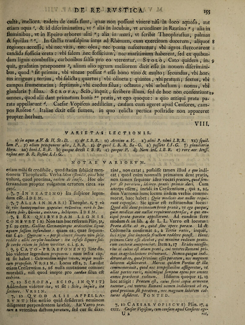 t culta, meliora, eadem de caufa jfunt, quae non poliunt viuere nili in loco aquofo, aiit etiam aqua L & id difcriminatim, vt * alia in lacubus, vt arundines in Reatino u 3 alia in fluminibus, vt in Epeiro arbores alni * 5 alia in mari, vt fcribit Theophraflus, palmas & fquillas * In Gallia tranfalpina intus ad Rhenum, cum exercitum ducerem, aliquot 8 regiones accefll, vbi nec vitis, nec olea, nec ^oma nafcerentur 3 vbi agros Aercorarent candida foflicia creta : vbi falem nec foflicium, nec maritimum haberent, fed ex quibus¬ dam lignis combuftis, carbonibus fallis pro eo vterentur. Stolo, Cato quidem , in- 9 quit, gradatim praeponens y, alium alio agrum meliorem dicit efle in nouem difcrimini- bus, quod z fit primus, vbi vineae poflint a efle bono vino & multo 5 fecundus, vbi hor¬ tus irriguus 3 tertius, vbi fialkfla3 quartus3 vbi oliueta 3 quintus , vbi pratum3 fextus, vbi campus frumentarius 5 feptimus, vbi caedua filua3 ocflauus, vbi arbuflum 3 nonus, vbi glandaria j* filua. Scrofa, Scio, inquit, fcribere illum, fed de hoc non confentiunti» omnes, quod alii dant primatum bonis pratis, vt ego quoque: a quo antiqui prata pa¬ rata appellarunt d. Caefar Vopifcus aedilicius, caufam cum ageret apud Cenfores, cam¬ pos Rofeae e Italiae dixit efle fumen, in quo relicta pertica po/lridie non appareret propter herbam. VIII, VARIETAS LECTIONIS. s) in aqua a.V. & H. St-D. t) & I.B.R. 11) Arctino a. V. x) almi F. vlmi I.B.R. xx) fqutl- fam P. y) alium praeponens alio, I.B.R. z) & quod I. B. R. Ba-G. a) poffunt I.I-G. f) glandi arta Heru, aa) boni I. B R. b) quoque deeft I. B. R. c) quoque P. d) Nam inf. 1 B. R. e) rore aer lenjjl rofeae aer B. R, Rojiae L I- G. NOTAE VARIORVM. etiain mihi fit credibile, quod ftatim fubiicit men¬ tionem Theophrafti. Verba Idem cflendit, quod hoc volunt, quod proxima, eadem de caufa. Hoc ob- feruandum propter vulgatum errorem circa rijo quod. 1 7, 7 In REATINO) Ita fufpicor legen¬ dum efle. Idem. 7, 7 A l i a in mari) Theophr. r, 7 rx Twv o/zoAoyoy/xevav ?rs$uxdrx trors iv Sx- ?sXG<ry (3t8v, (paivtux, (tx/aakv, avSfyniav. Idem. 7, 8 Ex qjv ibvsdam lignis COMBvstis) Non tam huc referam Plin. 31, 7 f. 39 extr. Galliae Germaniaeque ardentibus lignis aquam falfam infundunt : quam ea, quae fequun- tur f. 40 Quercus — per fe cinere Jincero vim falis reddit i alibi corylus laudatur : ita infufo liquore fal- fo carbo etiam in falem vertitur. e. i. g. a. 7, 9 Cato-pr aeponens) Sine du¬ bio videtur legendum proponens : nam infra eap. 18 fic habet : Cato modum neque vnum, neque modi¬ cum propof/it. V R s 1 N. Locus eft 1, 7. Laudat etiam Crefcentius 2, 16 nulla mutatione comme¬ morabili, nifi quod inepte pro caedua filua eft cedrina. 7,10 Scrofa, scio, inivit) Addendum videtur ita, vt fit : Scio, inquit, ita fcribere. V R S IN. 7, IO Q_V O D ALII APPELLA- R v N T ) Hic nefcio quid defiderari neminem diligenter perpendentem latebit. Ait Varro pra¬ tum a veteribus di6himparatum, fed cur fic dixe¬ rint, nonextat ; pofuifle tamen illud a quo indi¬ ca* ; quod enim nonnulli primatum dent pratis, non tamen fequitur ideo vocari pratum, quodfem- per fit paratum, idcirco pratis primas dari. Cum anceps diem, incidi in Crefcentium, qui 2, 2,, dum Varronis hunc locum iisdem verbis comme¬ morat, haec habet : Quia modicas aut nullas requi¬ runt expsnfas. Sic igitur eft reftituendus locus: Quod alii dant primatum bonis pratis, vt ego quoque, quia modicas aut nullas requirunt expenfas, a quo an¬ tiqui prata parata appellarunt. Ad eundem fere modum & in lib. 4 de L. L. Varro eft locutus: Prata di it a ab eo, quod fine opere parata. Id & Columella confirmat 2,2 Tertia ratio, inquit, loci riqui fine impenfa fruclum reddere poteft. Hanc primam Cato ejje dicebat, qui maxime reditum prato¬ rum caeteris anteponebat. Item 2,17 Et ideo neceffd- rius ei cultus eft etiam prati, cui veteres Romani pri¬ mas in agricolatione tribuerunt. Nomen quoque indi¬ derunt ab eo, quod protinus ejfet paratum, nec magnum laborem defideraret Marcus quidem Portius & illa c ommentorauit, quod nec tempejlatibus affligeretur, vt aliae partes ruris, minimi que fumptus egens per omnes annos praeberet reditum. Ifidorus quoque 15, 13 hoc attigit : Pratum efl, cuius foeni copia armenta tuentur, cui veteres Romani nomen indiderunt ab eo, quod protinus fit paratum , nec magnum laborem cul¬ turae defideret. P 0 N T E D. 7, 10 Caesar vopiscvs) Plin. 17,4 extr. Caefar Vopifcus, cum caufam apud Cenfores age- U Z ret,