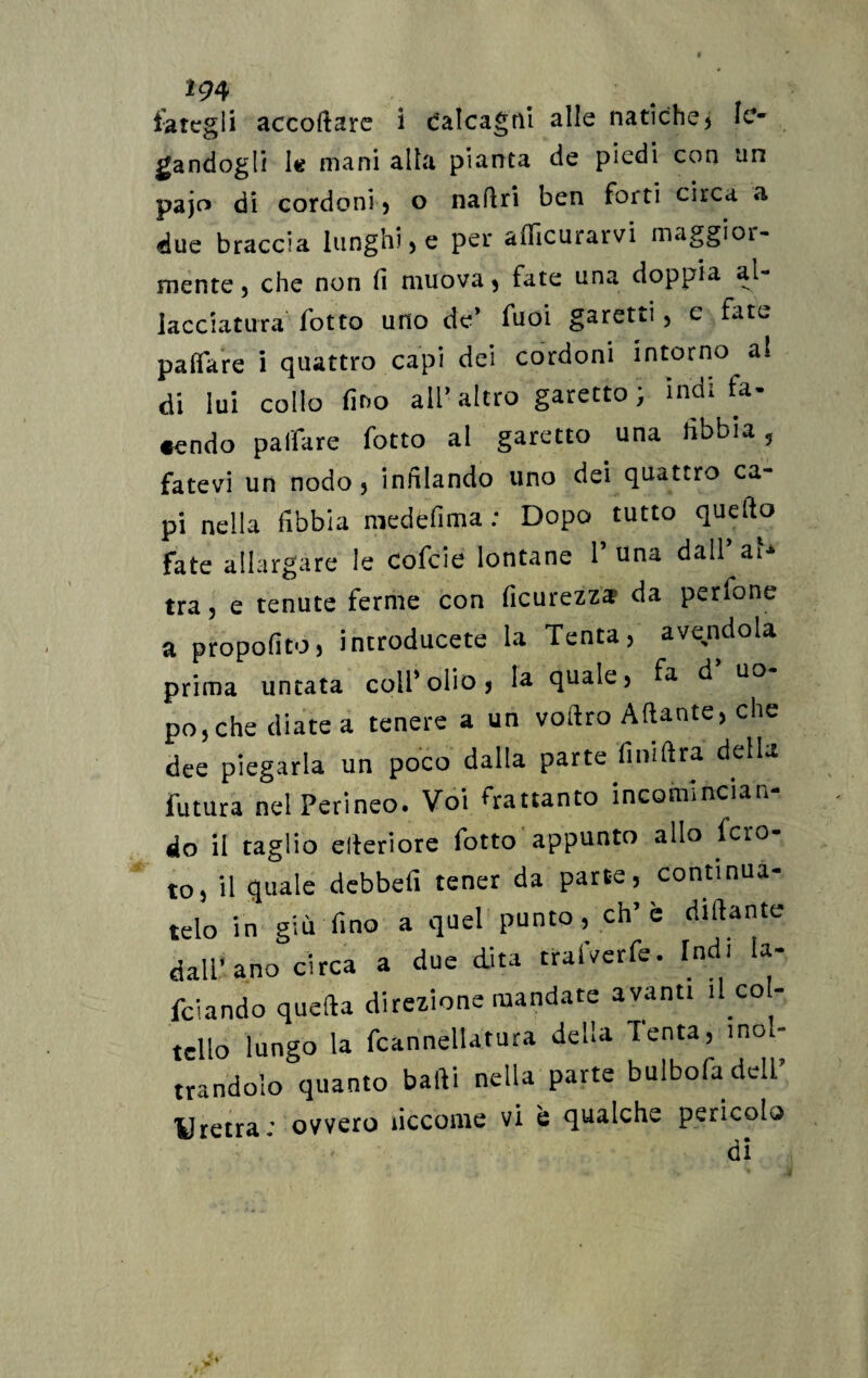 *94 fategli accodare i Calcagni alle natiche) le¬ gandogli le mani alta pianta de piedi con un pajo di cordoni) o naflri ben forti circa a due braccia lunghi) e per afficurarvi maggior¬ mente ) che non fi muova , fate una doppia al¬ lacciatura l'otto uno de’ fuoi garetti, e fate pa fifa re i quattro capi dei cordoni intorno al di lui collo fino all’ altro garetto ; indi fa¬ cendo pailare fotto al garetto una fibbia, fatevi un nodo ) infilando uno dei quattro ca¬ pi nella fibbia medéfima : Dopo tutto quello fate allargare le cofcie lontane 1’ una dall’ ah* tra) e tenute ferme con ficurezza da petlone a propofito) introducete la Tenta, avendola prima untata coll’olio, la quale, fa d uo po,che diate a tenere a un voftro Aliante, che dee piegarla un poco dalla parte finiftra della futura nel Perineo. Voi frattanto incomincian¬ do il taglio citeriore fotto appunto allo fcro- t0, il quale debbefi tener da parte, continua¬ telo in giù fino a quel punto, eh’è dittante dall’ano circa a due dita trafverfe. Indi ta¬ rdando quella direzione mandate avanti il co - tello lungo la fcannellatura della Tenta, inol¬ trandolo quanto batti nella parte bulbofadell’ Uretra: ovvero ficconie vi è qualche pericolo