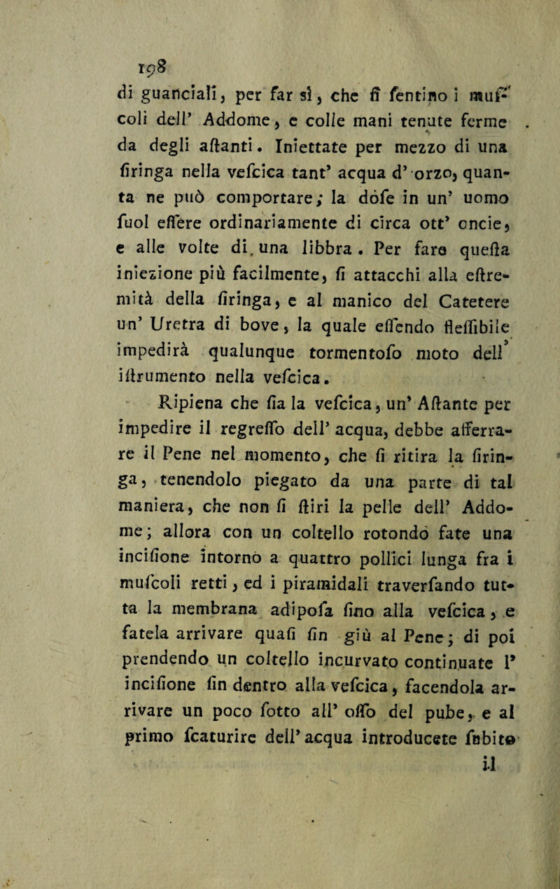 di guanciali, per far si, che fi Tentino i rauf- coli dell’ Addome, e colie mani tenute ferme da degli affanti* Iniettate per mezzo di una Aringa nella vefcica tant* acqua d’ orzo, quan¬ ta ne può comportare; la dòfe in unJ uomo fuol efiere ordinariamente di circa ott’ cncie, e alle volte di. una libbra • Per faro queda iniezione più facilmente, A attacchi alla eftre- mità della Aringa, e al manico del Catetere un’ Uretra di bove, la quale elfendo tìedibile impedirà qualunque tormentofo moto dell idrumento nella vefcica. Ripiena che Aa la vefcica, un’ Aliante per impedire il regrefib dell’ acqua, debbe afferra¬ re il Pene nel momento, che fi ritira la Arin¬ ga, tenendolo piegato da una parte di tal maniera, che non A diri la pelle dell* Addo¬ me; allora con un coltello rotondò fate una inciAone intorno a quattro pollici lunga fra i mufcoli retti, ed i piramidali traverfando tut¬ ta la membrana ad ipofa Ano alla vefcica > e fatela arrivare quaA fin giù al Pene; di poi prendendo un coltello incurvato continuate P inciAone An dentro alla vefcica, facendola ar¬ rivare un poco fotto all’ odo del pube, e al primo fcaturire dell’acqua introducete fnbit© il